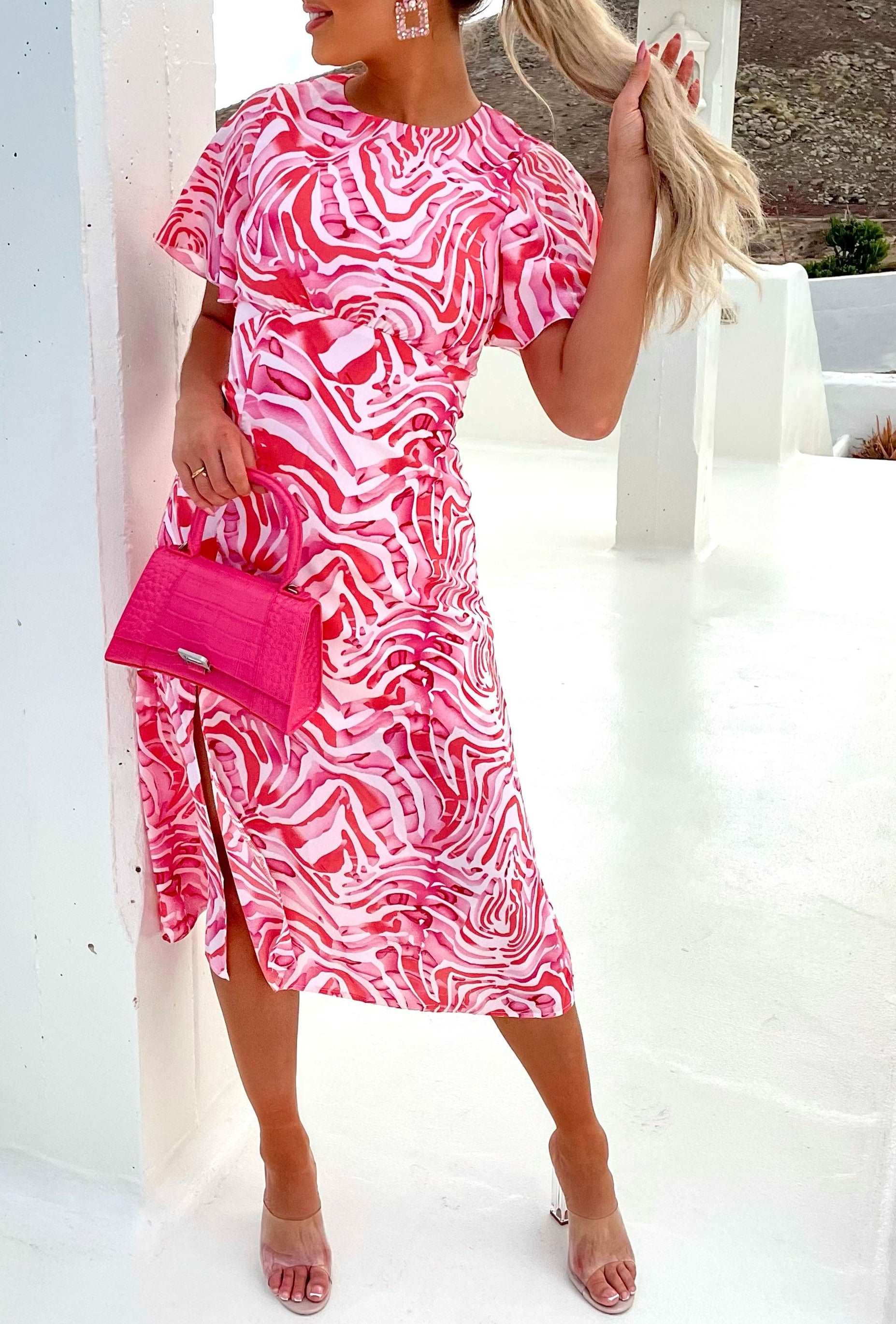 Adelaide Pink Short Sleeve Printed Midi Dress - Image 2