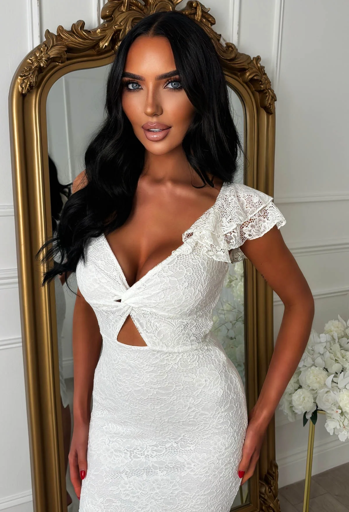 Alivia White Lace One Shoulder Cut Out Bandeau Dress - Image 3