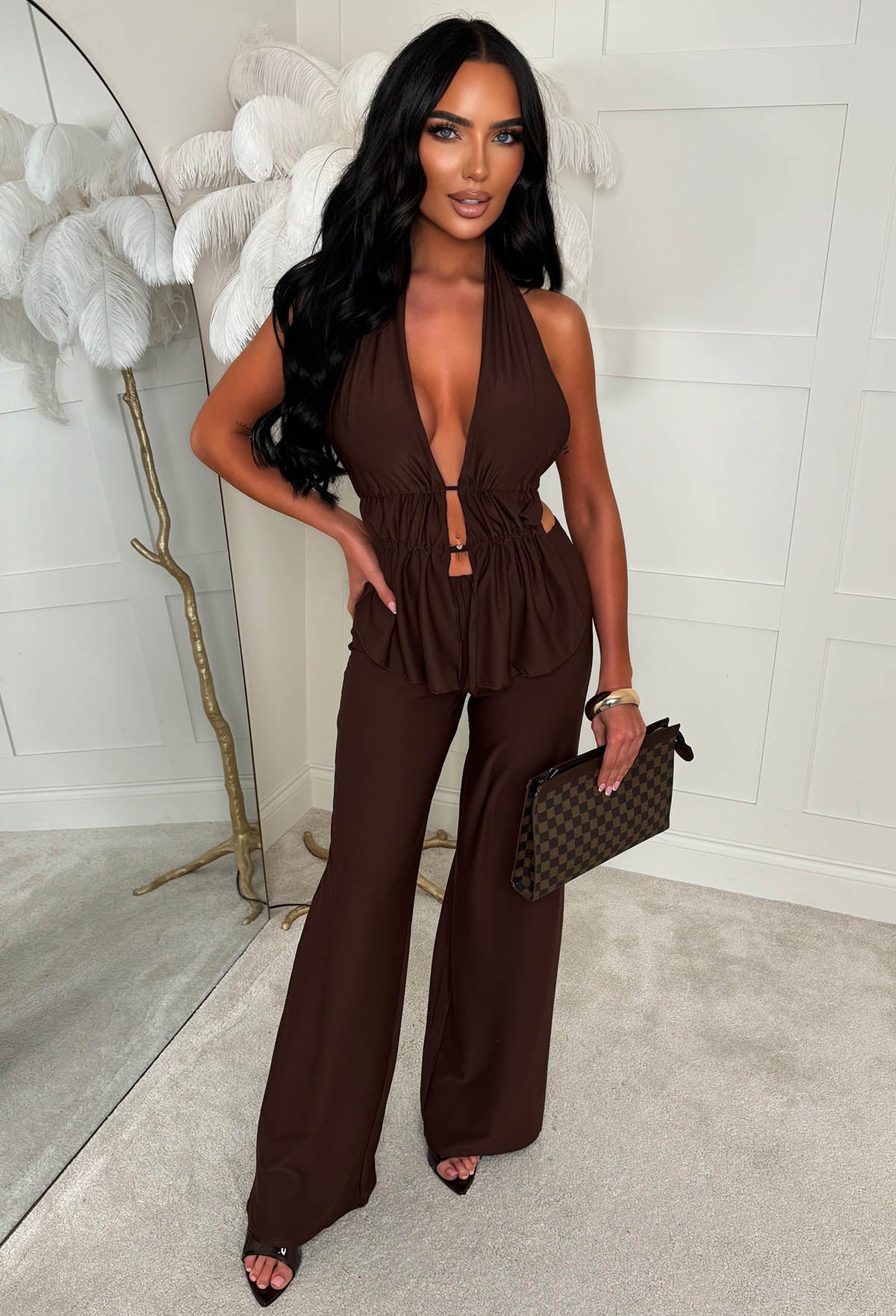 All Around Us Chocolate Brown Tie Back Trouser Co-ord Set - Image 3