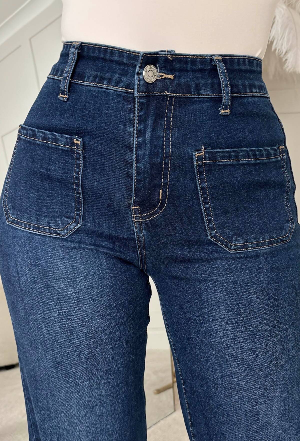 All In Dark Wash Stretch Denim Wide Leg Front Pocket Jeans - Image 2