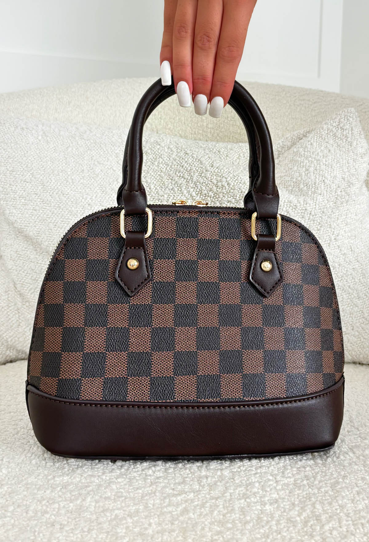 All My Love Chocolate Brown Top Handle Check Pattern Bag - Image 2