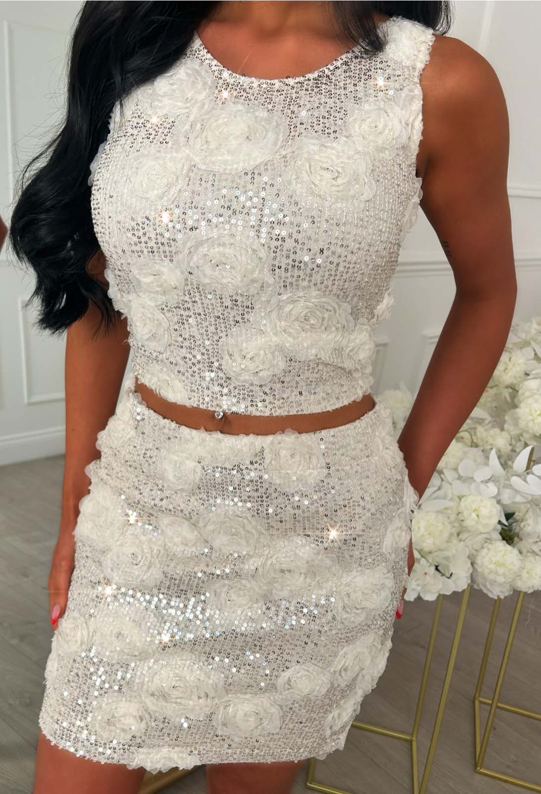 All Night Cream Floral Sequin Top & Mini Skirt Co-ord Set - Image 2