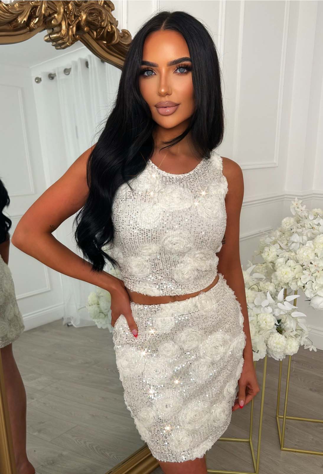 All Night Cream Floral Sequin Top & Mini Skirt Co-ord Set - Image 3