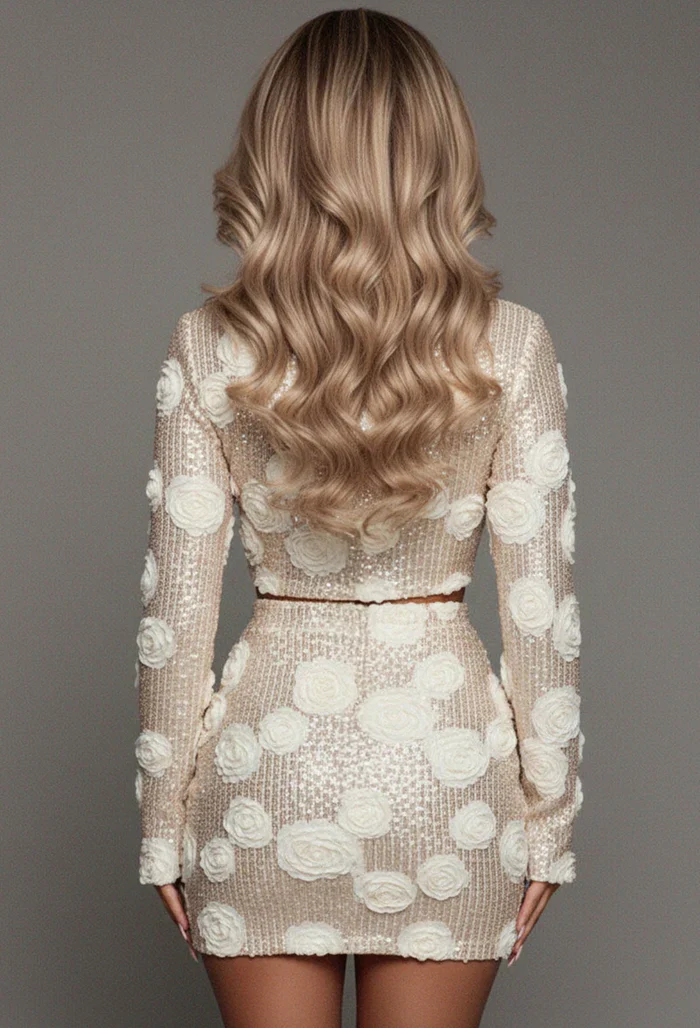 All Night Long Cream Floral Sequin Top And Mini Skirt Co-Ord Set - Image 3