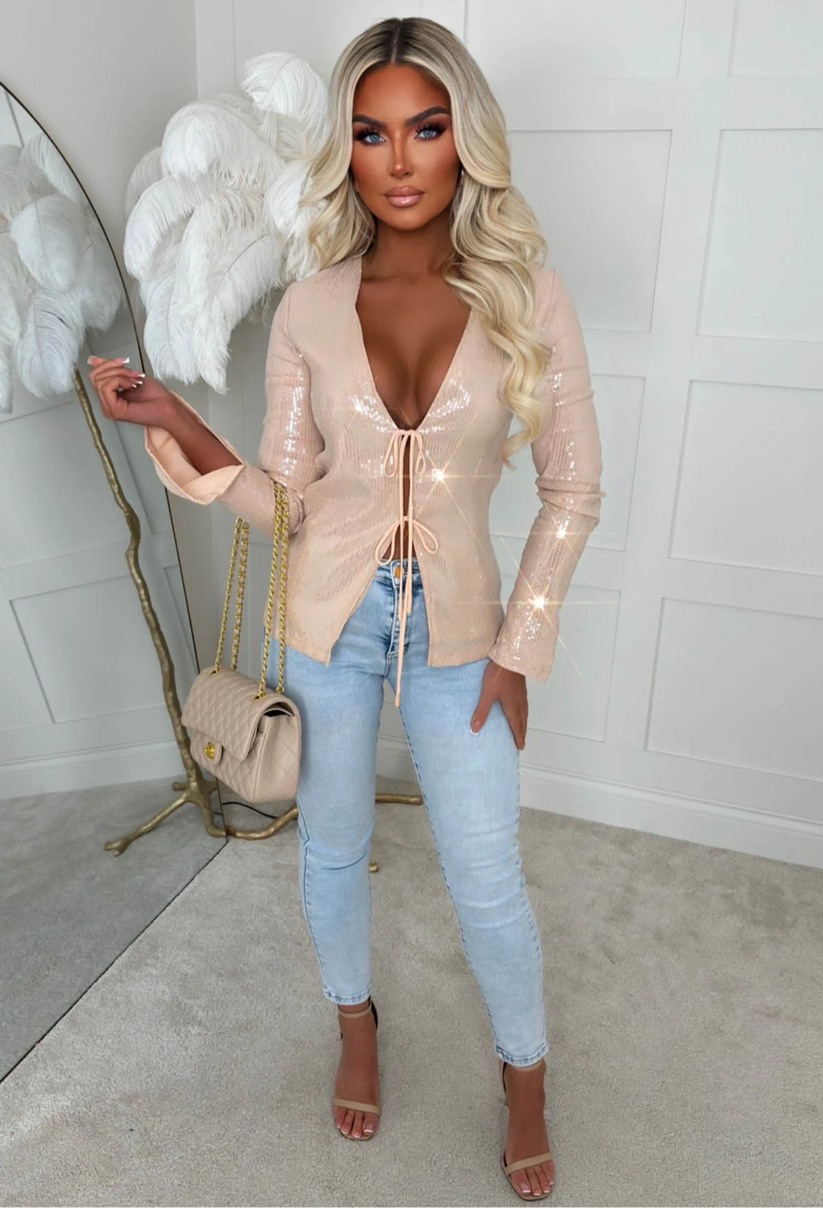 All Over Glitz Beige Sequin Double Tie Top - Image 2