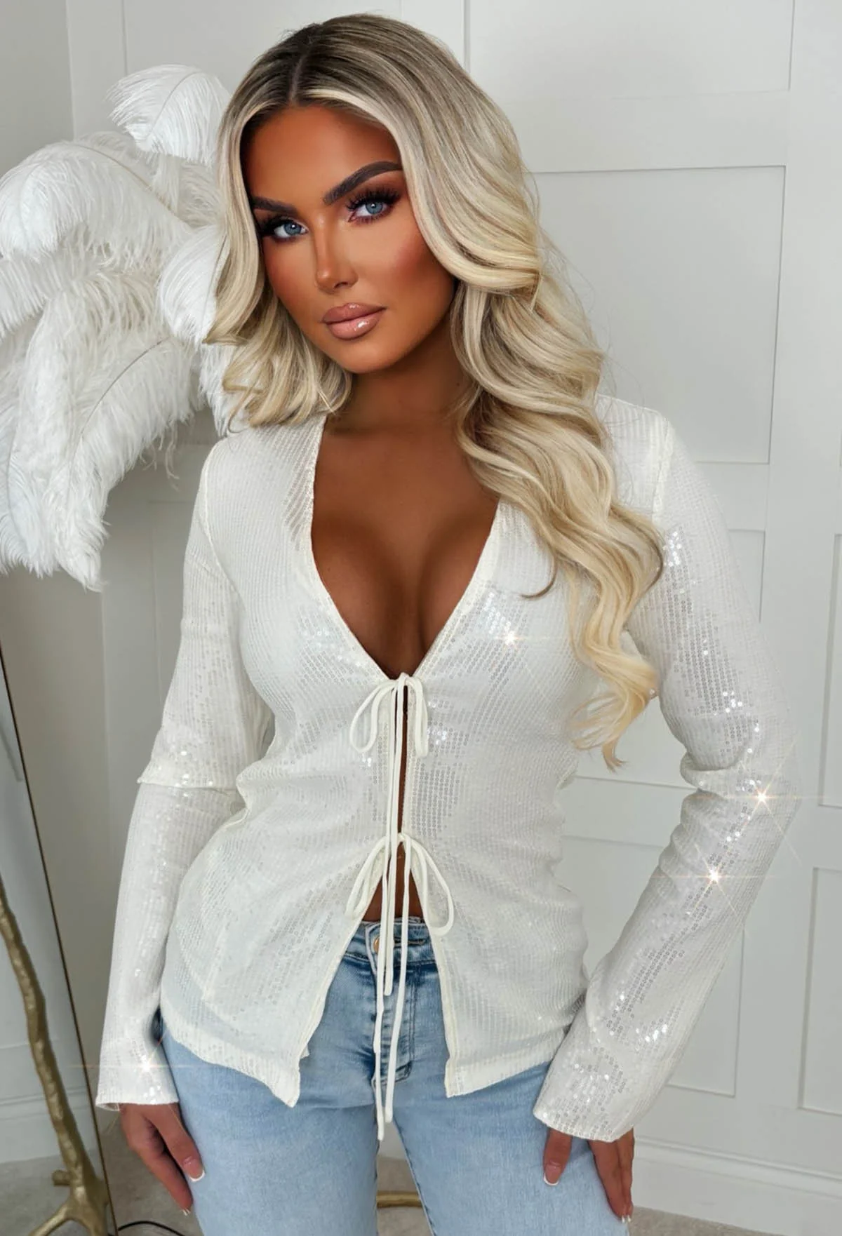 All Over Glitz Cream Sequin Double Tie Top