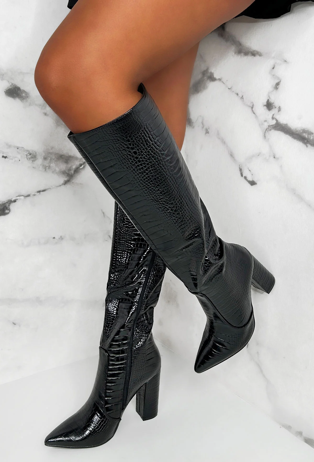 All You Want Black Croc Knee Boot With Block Heel - Image 2