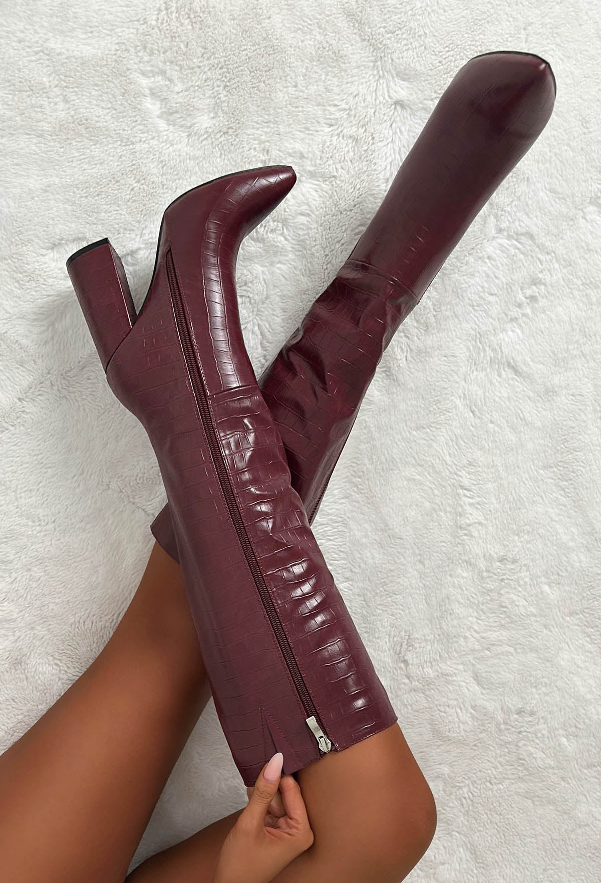 All You Want Wine Croc Effect Knee High Block Heel Boots - Image 3