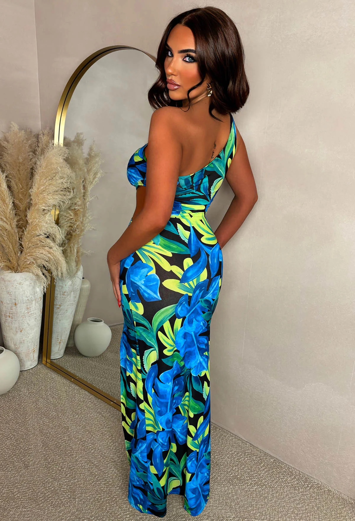 Aloha Affair Multi Leaf Print Side Cutout One Shoulder Dress - Image 4