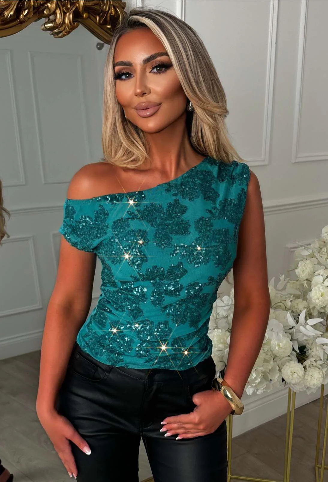 Aloha Babe Teal Off Shoulder Sequin Top - Image 4