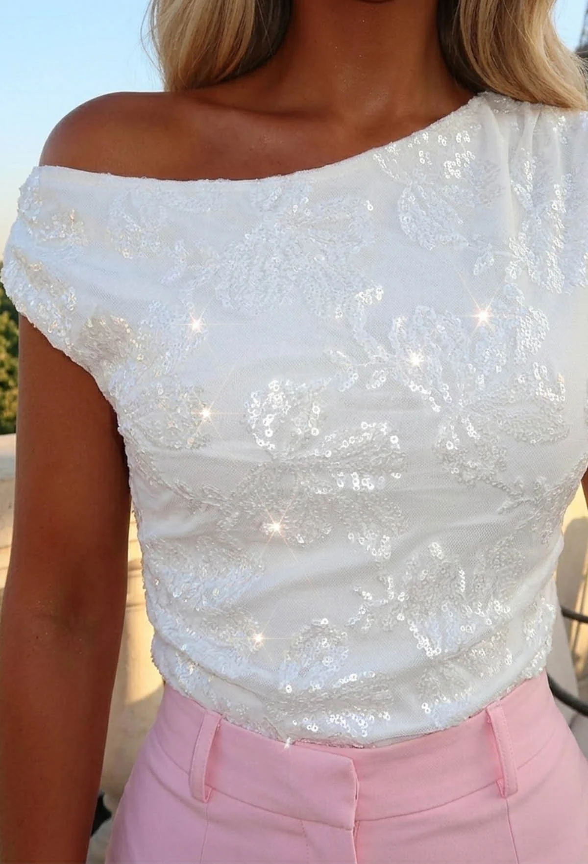 Aloha Babe White Off Shoulder Sequin Top