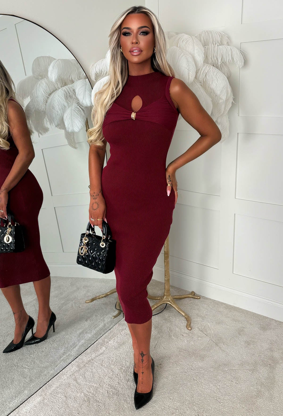 Always A Tease Burgundy Gold Knot Ribbed Knitted Dress - Image 2