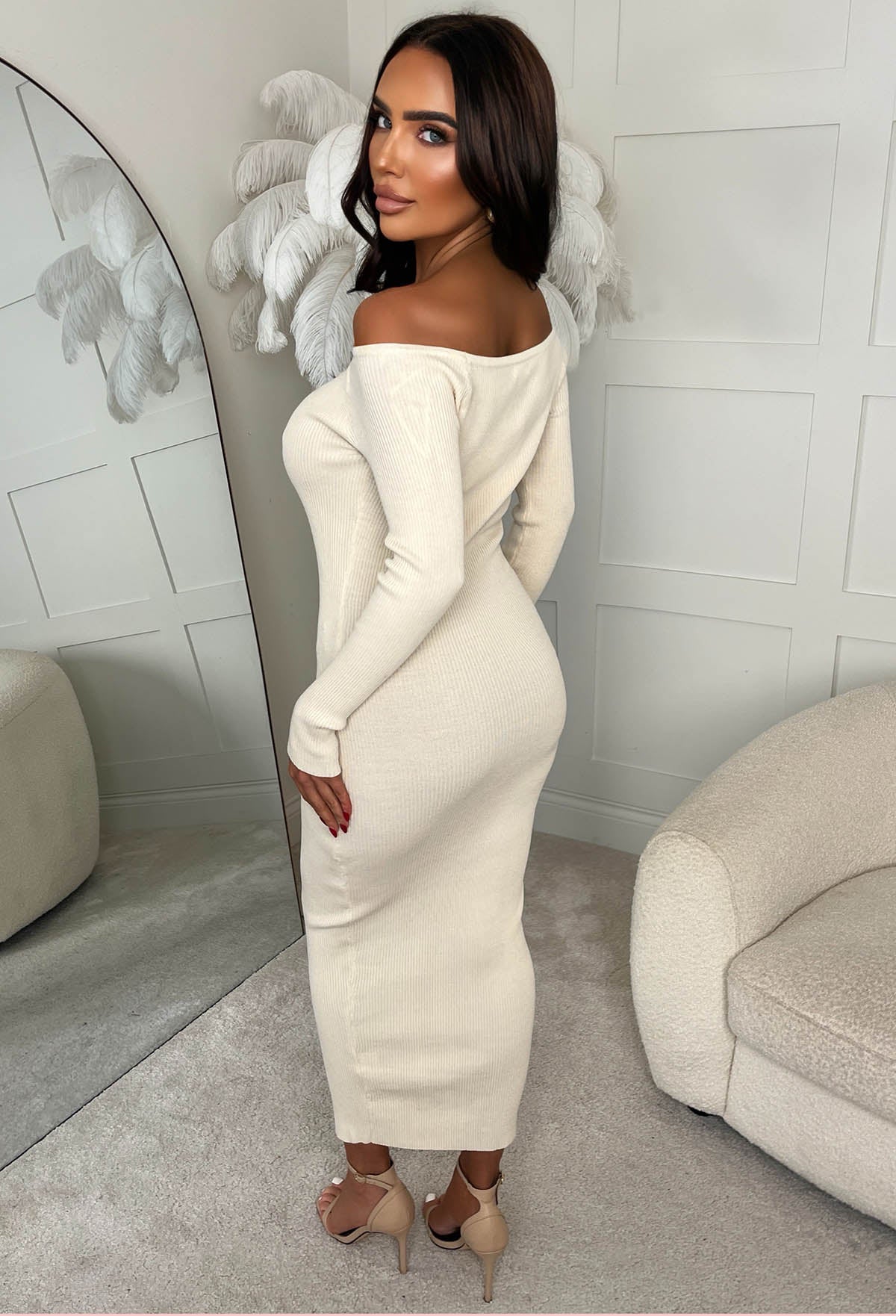 Always Alluring Beige Long Sleeve Rib Cut Out Front Dress - Image 2