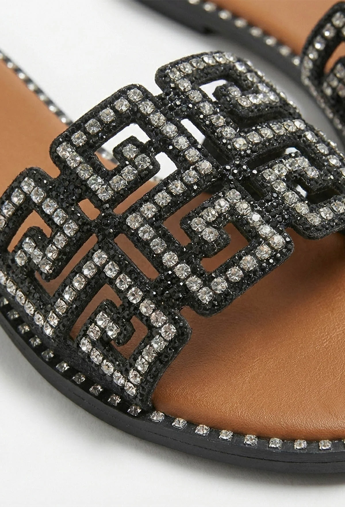 Always Be Mine Black Diamante Embellished Flat Sandals - Image 2