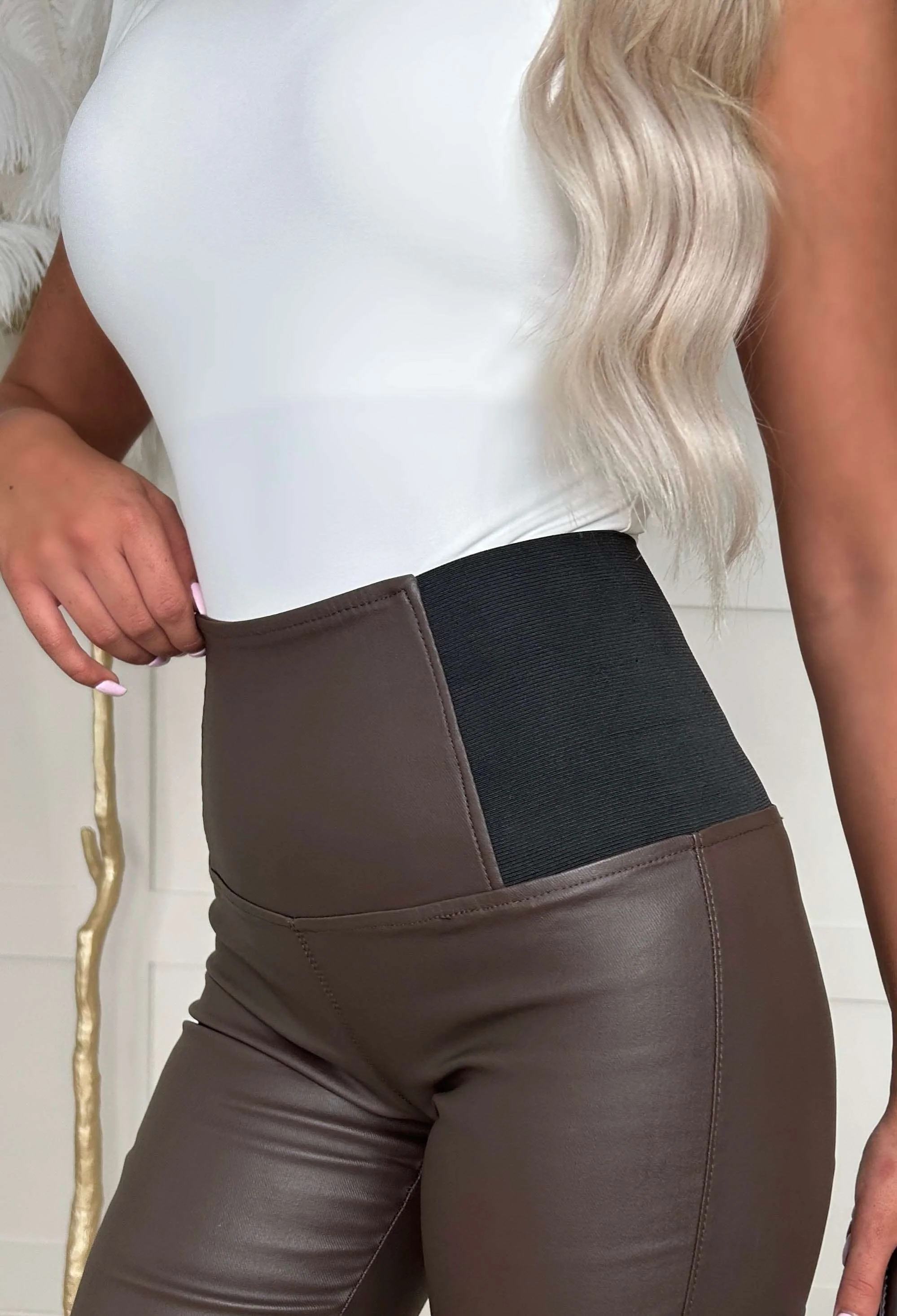 Always Cinched Brown Stretch Waist Band Coated Legging - Image 3