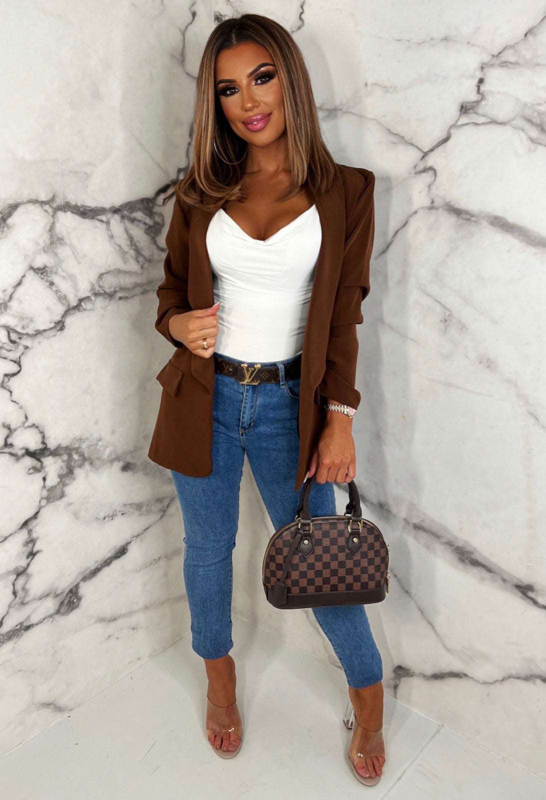 Always Iconic Brown Shawl Ruched Sleeve Blazer - Image 2