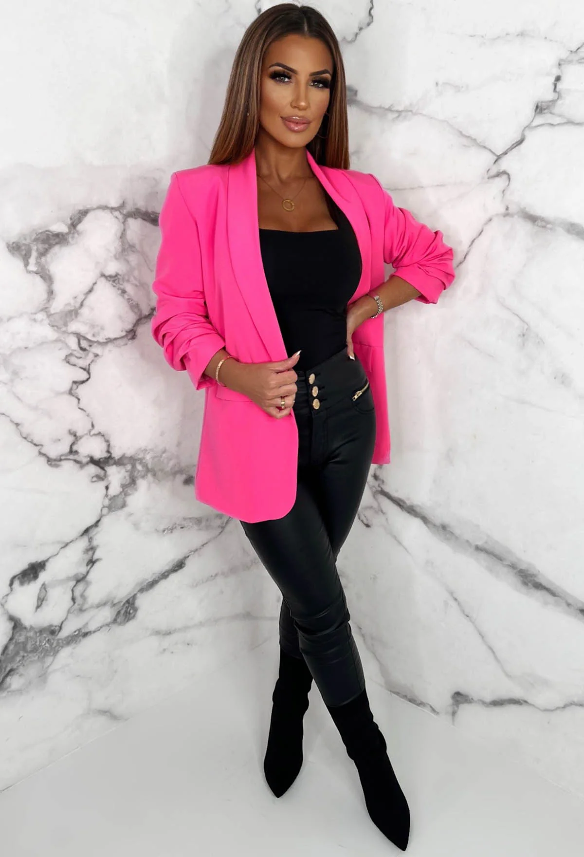 Always Iconic Hot Pink Shawl Ruched Sleeve Blazer - Image 2
