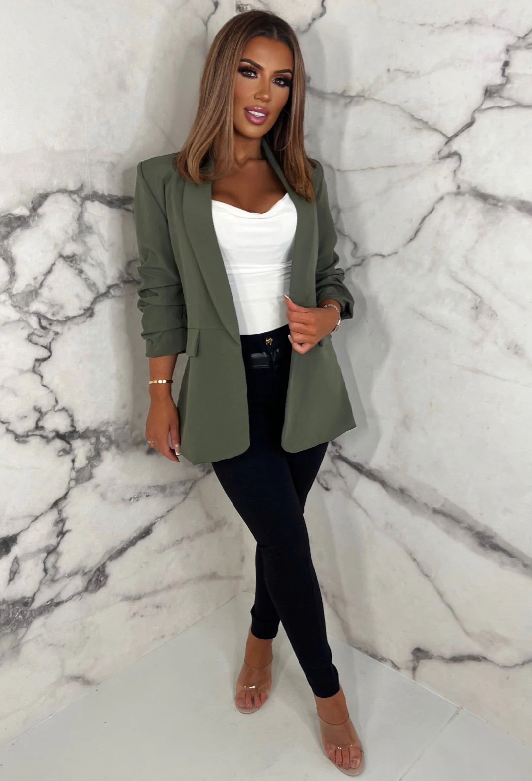 Always Iconic Khaki Shawl Ruched Sleeve Blazer - Image 2