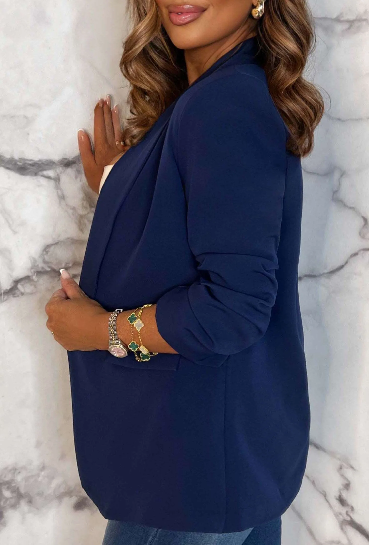 Always Iconic Navy Shawl Ruched Sleeve Blazer - Image 2