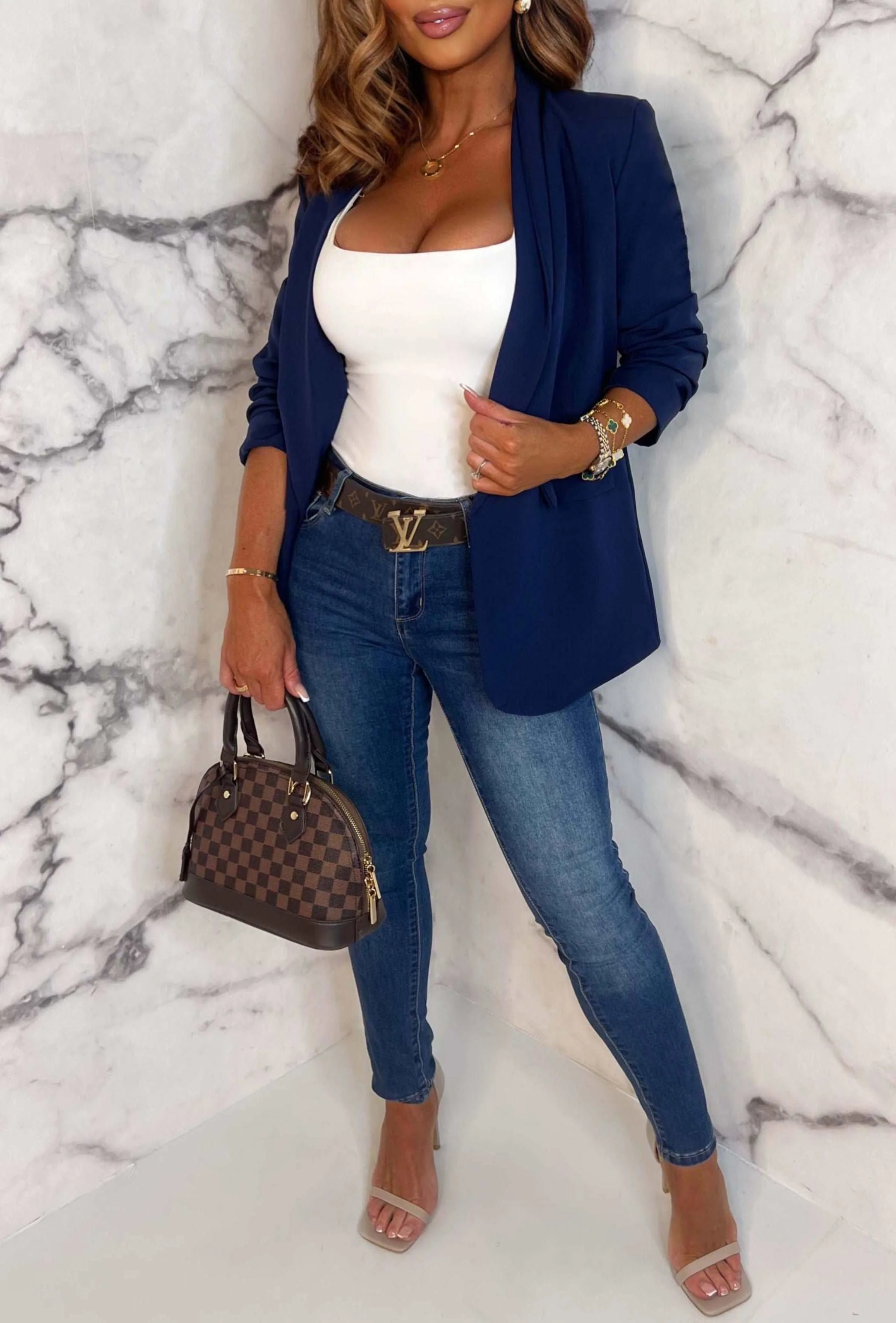 Always Iconic Navy Shawl Ruched Sleeve Blazer - Image 3