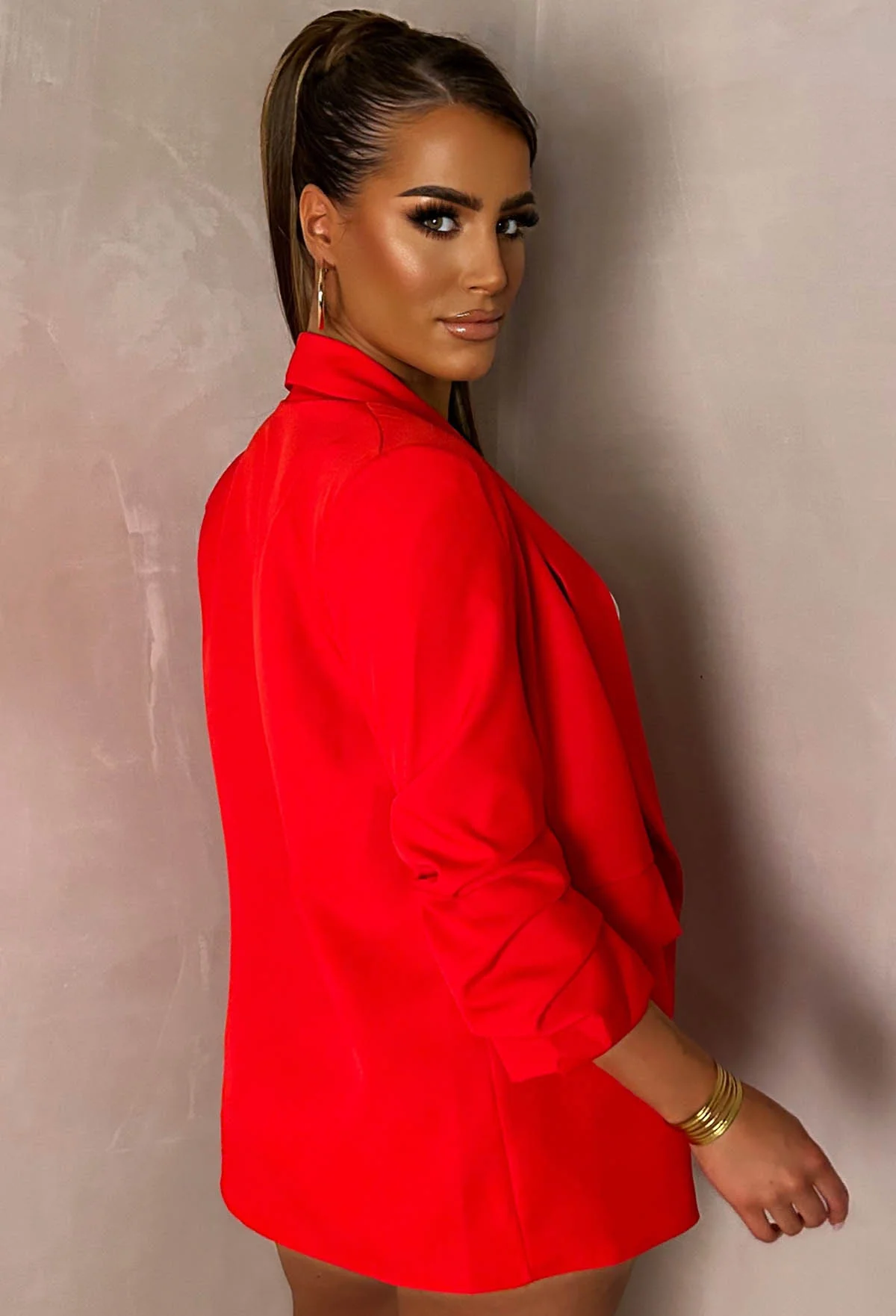 Always Iconic Red Shawl Ruched Sleeve Blazer - Image 3