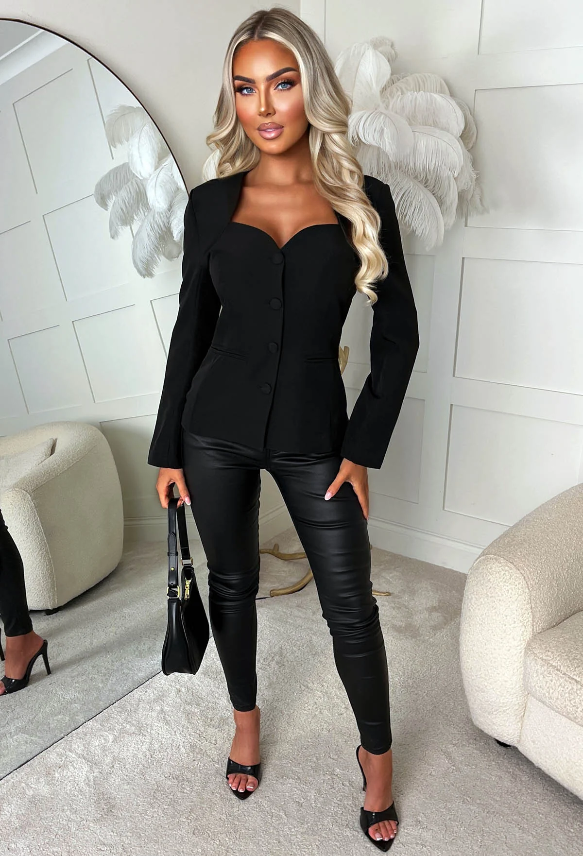 Amora Tailored Black Sweetheart Neckline Blazer Top - Image 3