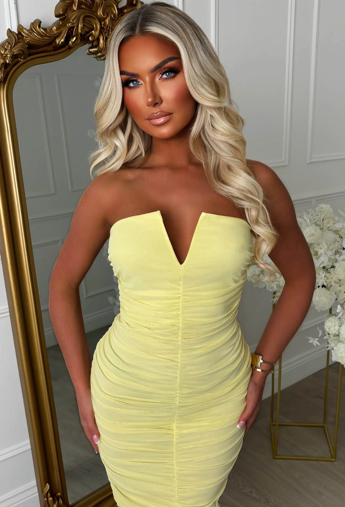 Angel Darling Lemon Ruched Front Bandeau Mesh Dress - Image 2