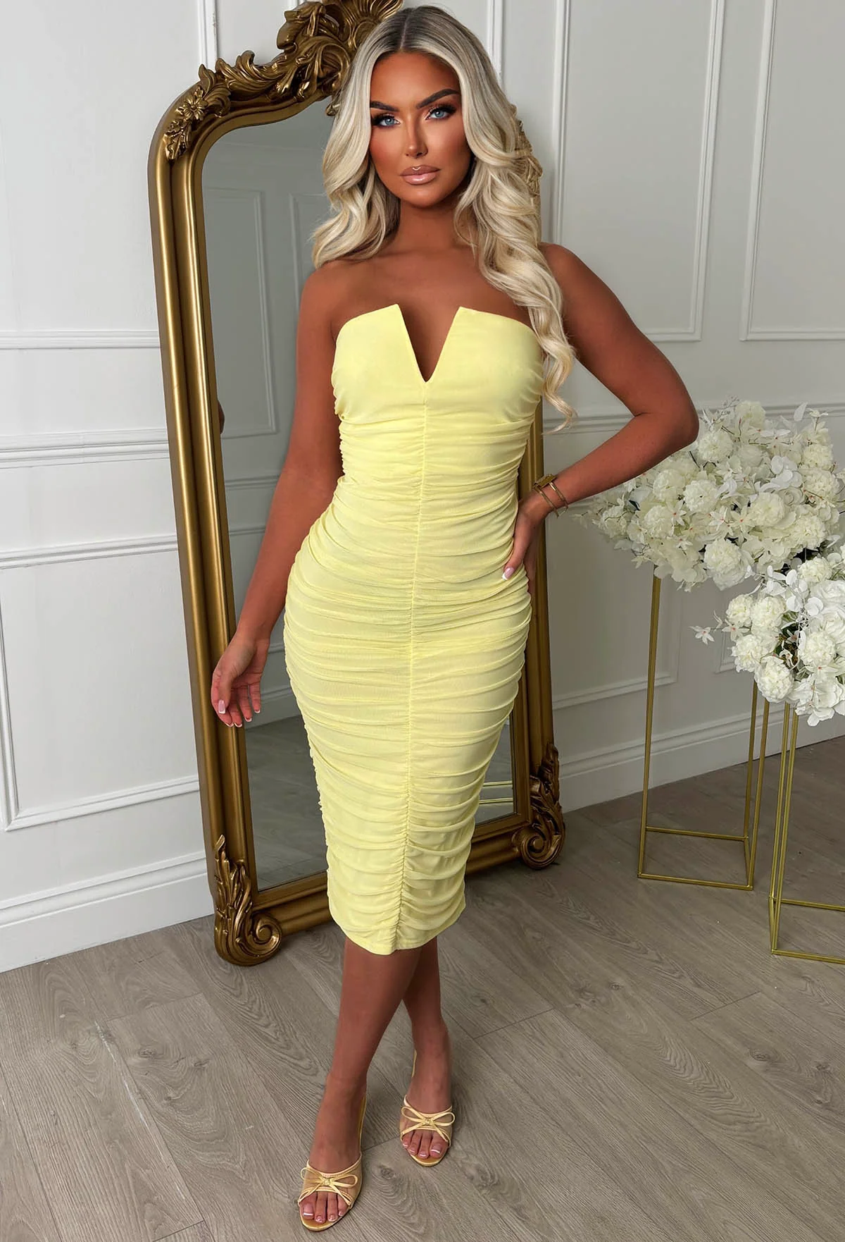 Angel Darling Lemon Ruched Front Bandeau Mesh Dress - Image 3