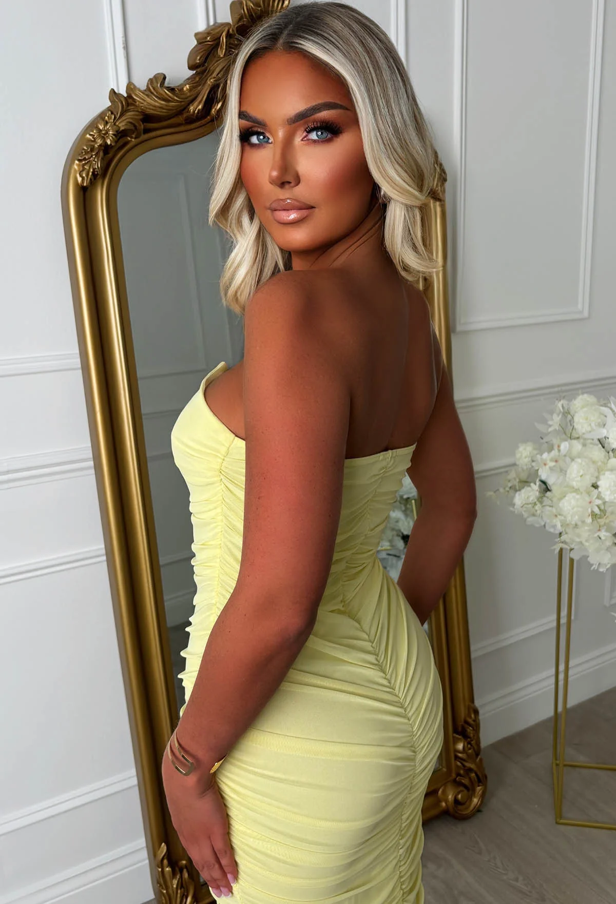 Angel Darling Lemon Ruched Front Bandeau Mesh Dress - Image 4