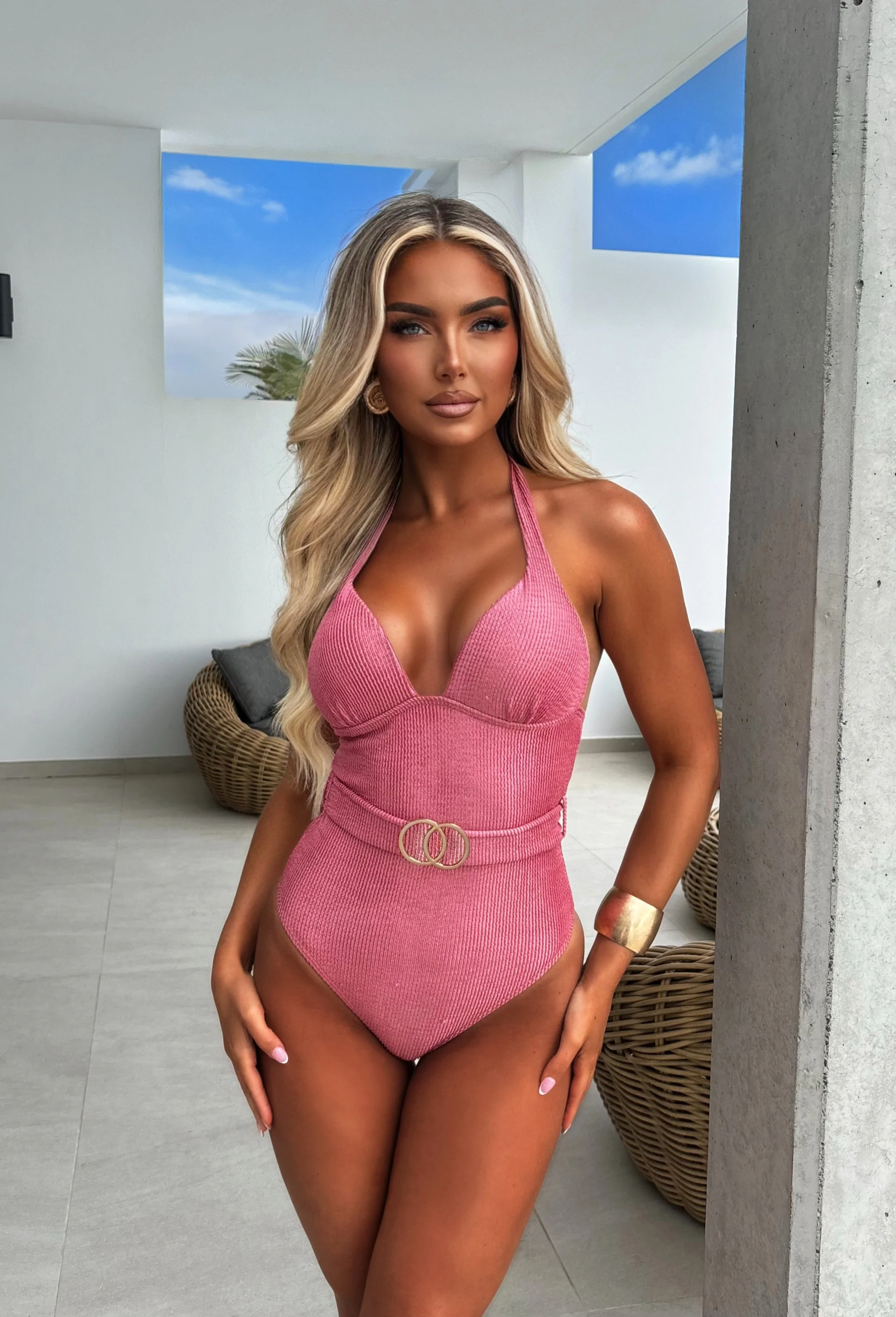 Antibes Mauve Shiny Crinkle Halter Neck Swimsuit - Image 3