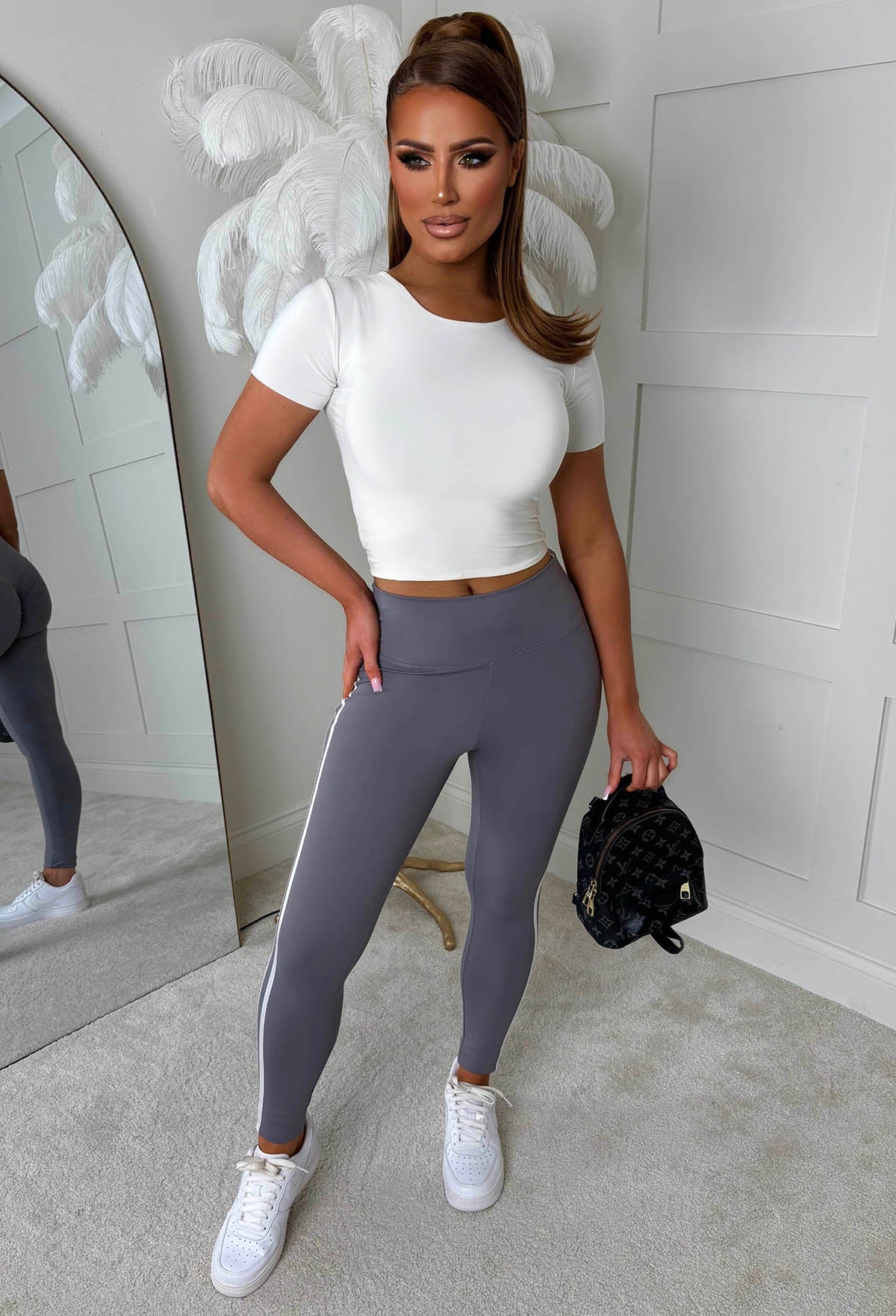 At My Leisure Grey Side Stripe Ruched Leggings - Image 4