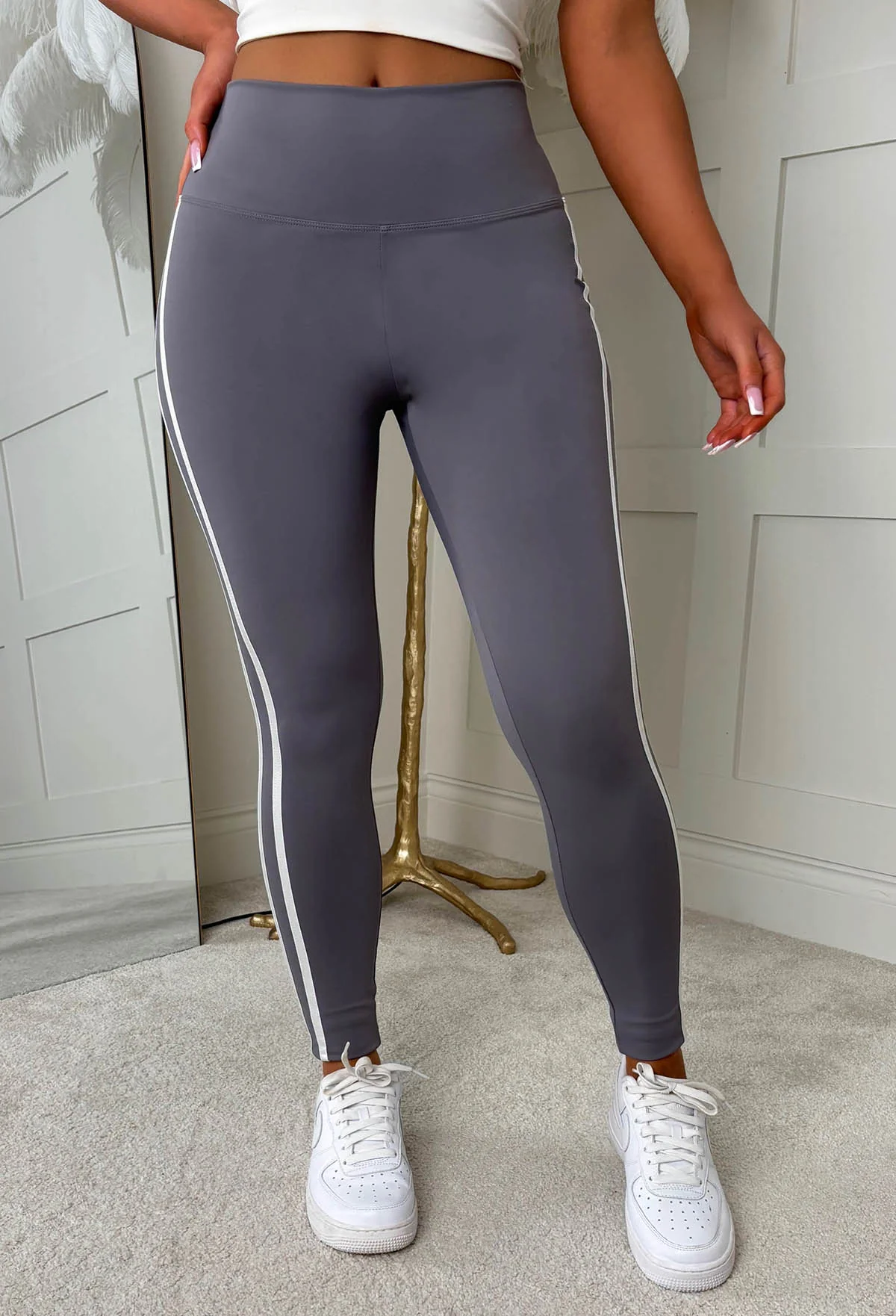 At My Leisure Grey Side Stripe Ruched Leggings - Image 5