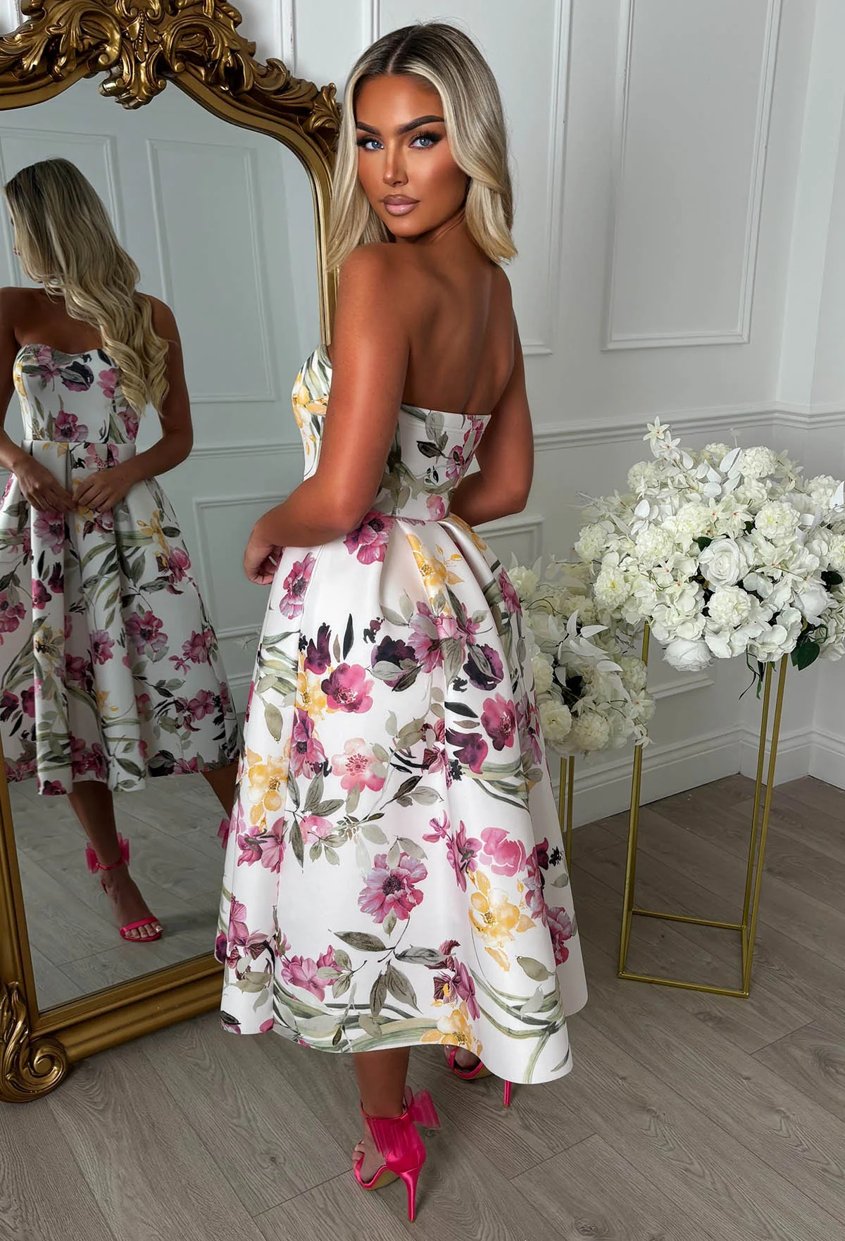 Aura Allure Pink Floral Print Bandeau Midi Dress - Image 2