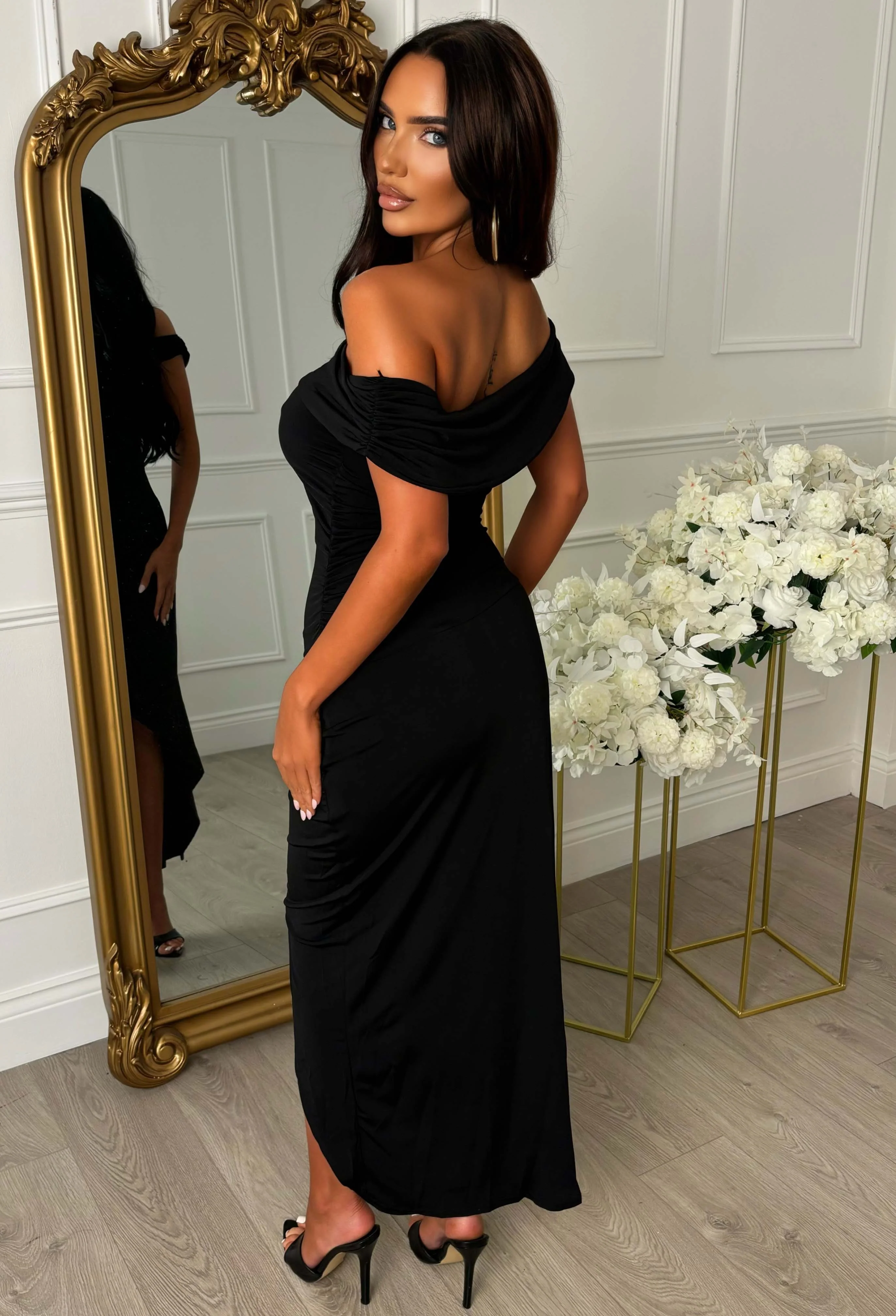 Aurora Allure Black Off Shoulder Split Front Midaxi Dress - Image 2