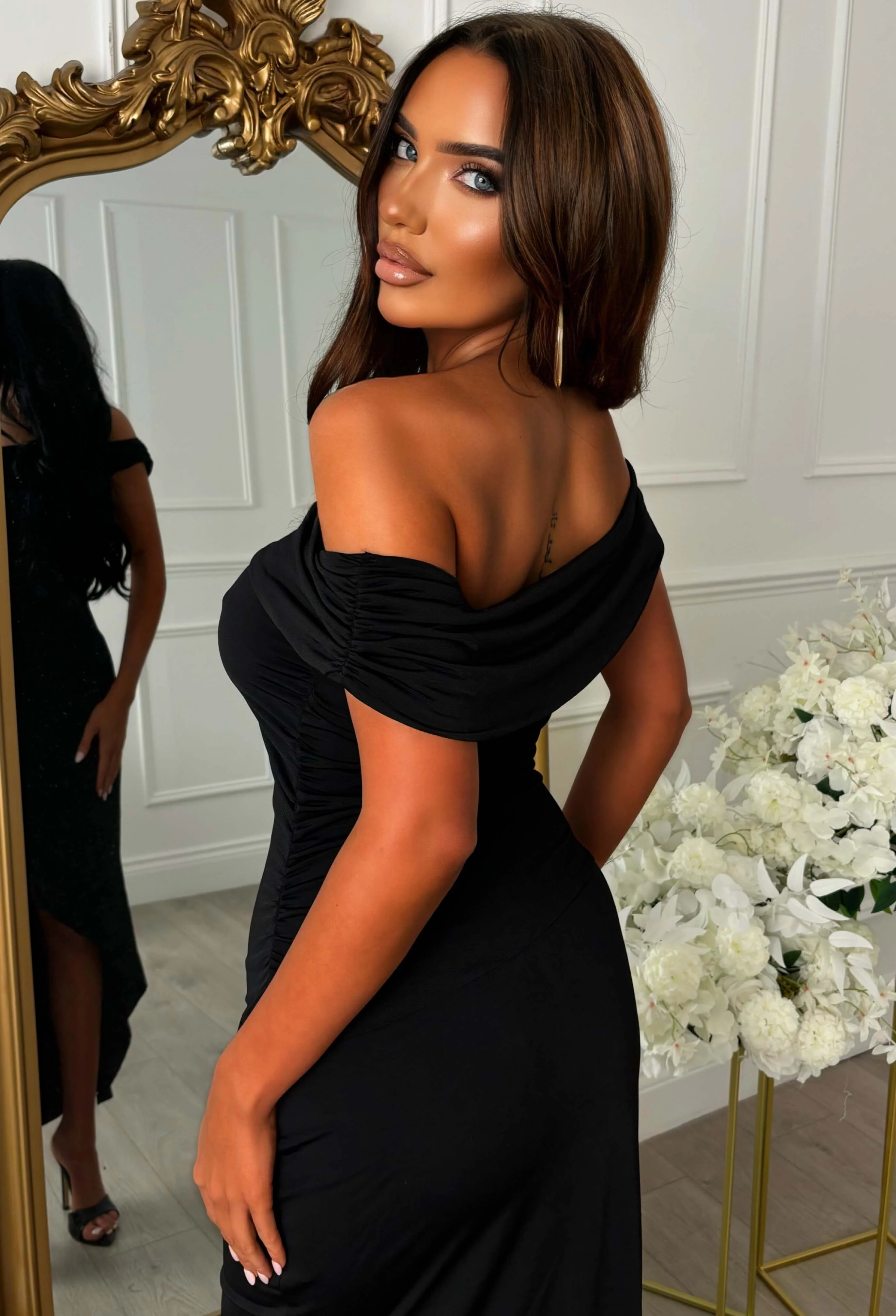 Aurora Allure Black Off Shoulder Split Front Midaxi Dress - Image 4