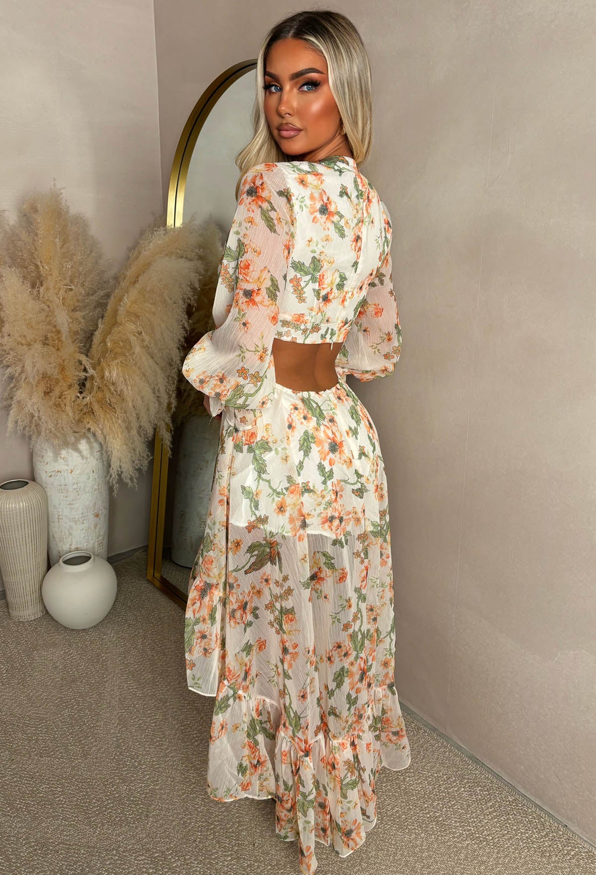 Aurora Bloom Coral Cut Out Floral Long Sleeve Dress - Image 2