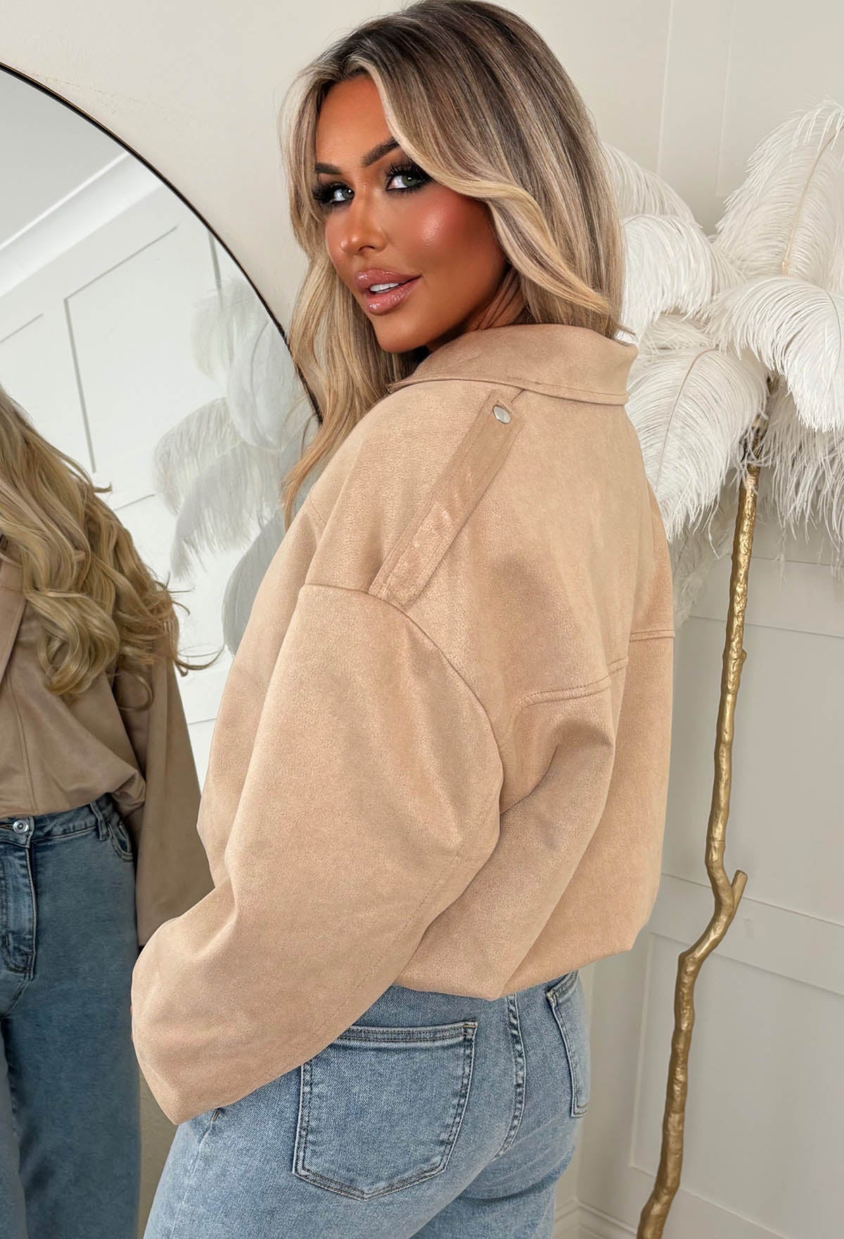 Autumn Crush Beige Faux Suede Bomber Jacket - Image 2