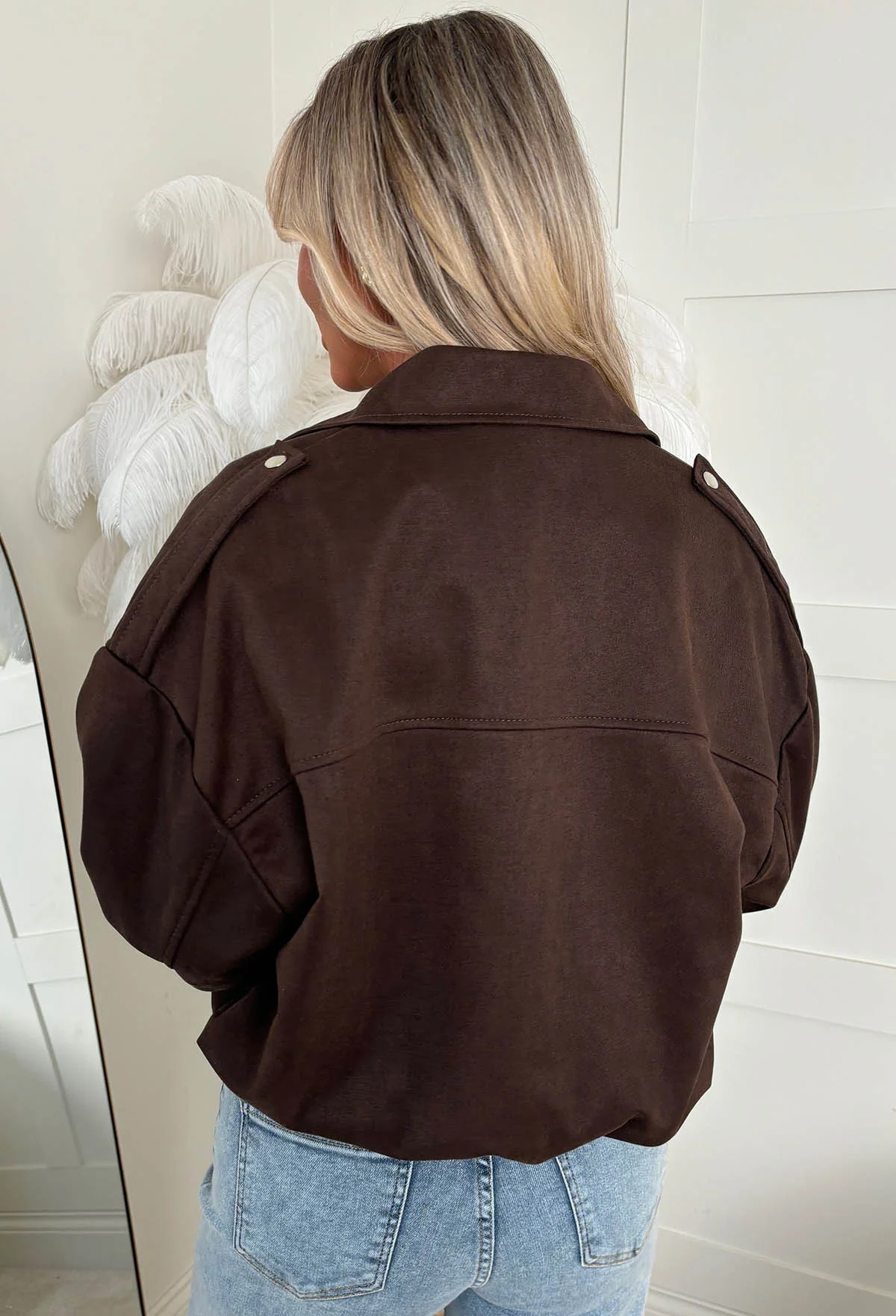 Autumn Crush Brown Faux Suede Bomber Jacket - Image 4