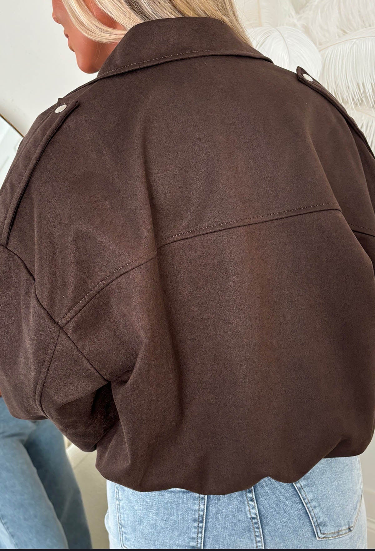 Autumn Crush Brown Faux Suede Bomber Jacket - Image 6