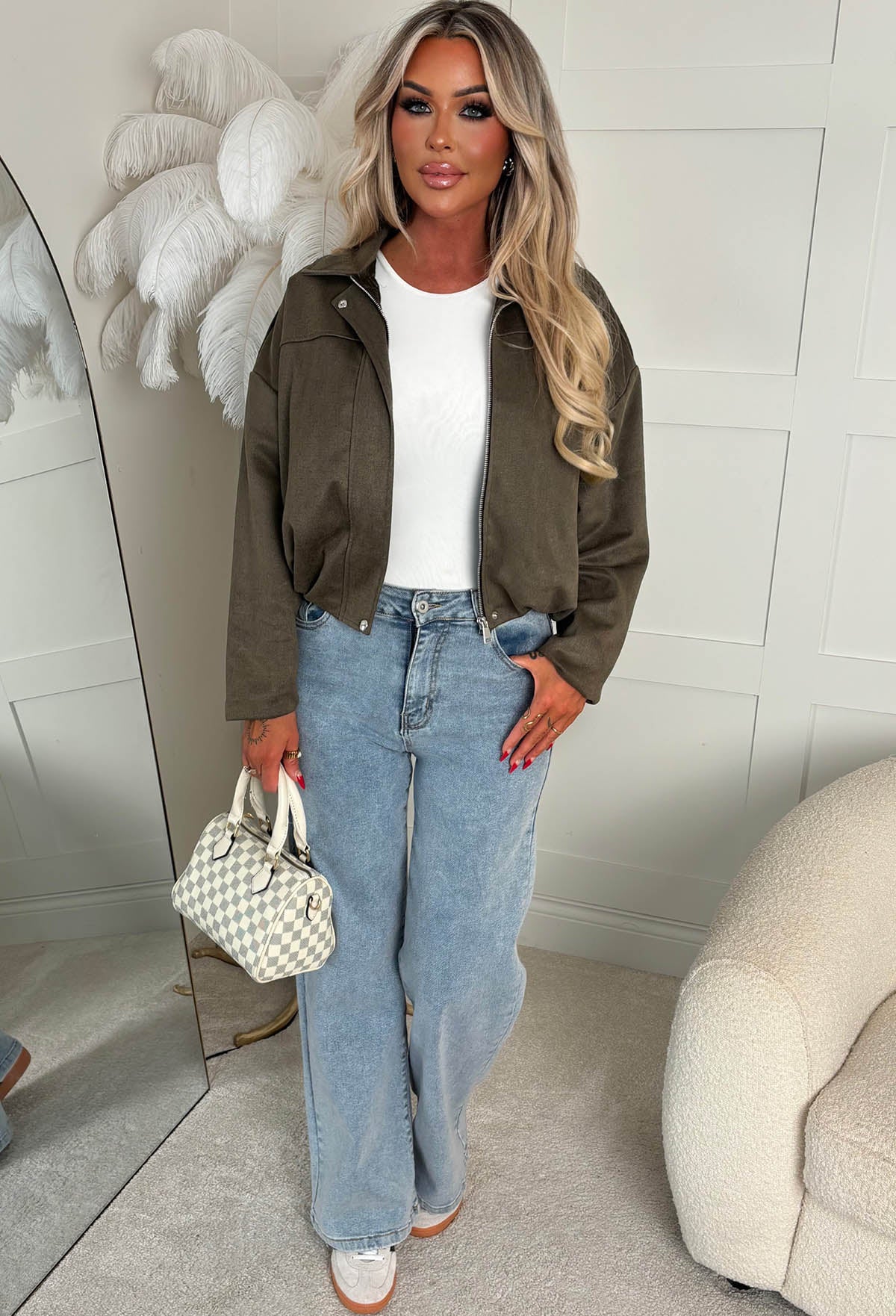Autumn Crush Khaki Faux Suede Bomber Jacket - Image 3