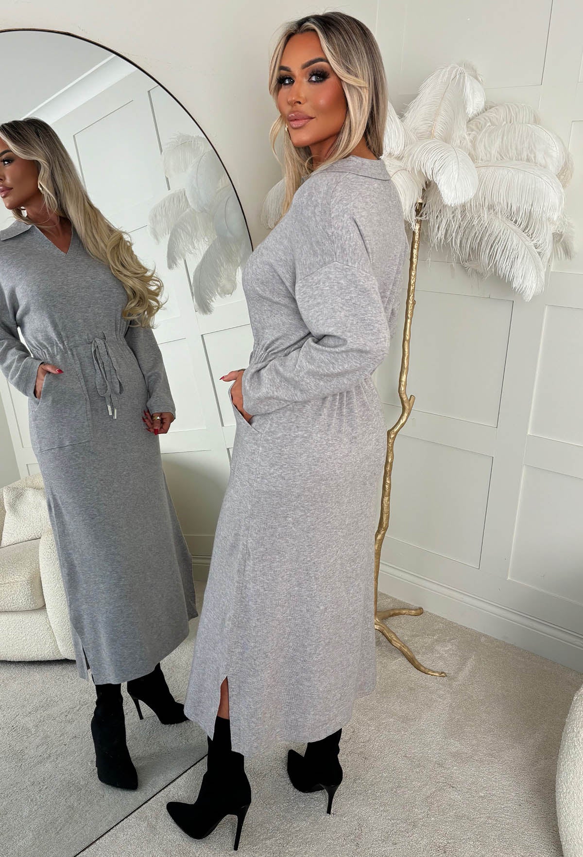 Bad Girl Vibes Grey Collared Tie Waist Midi Knitted Dress - Image 3