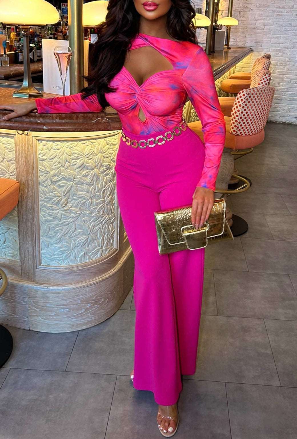 Baddie Mode Hot Pink Marble Print Cut Out Bodysuit - Image 3