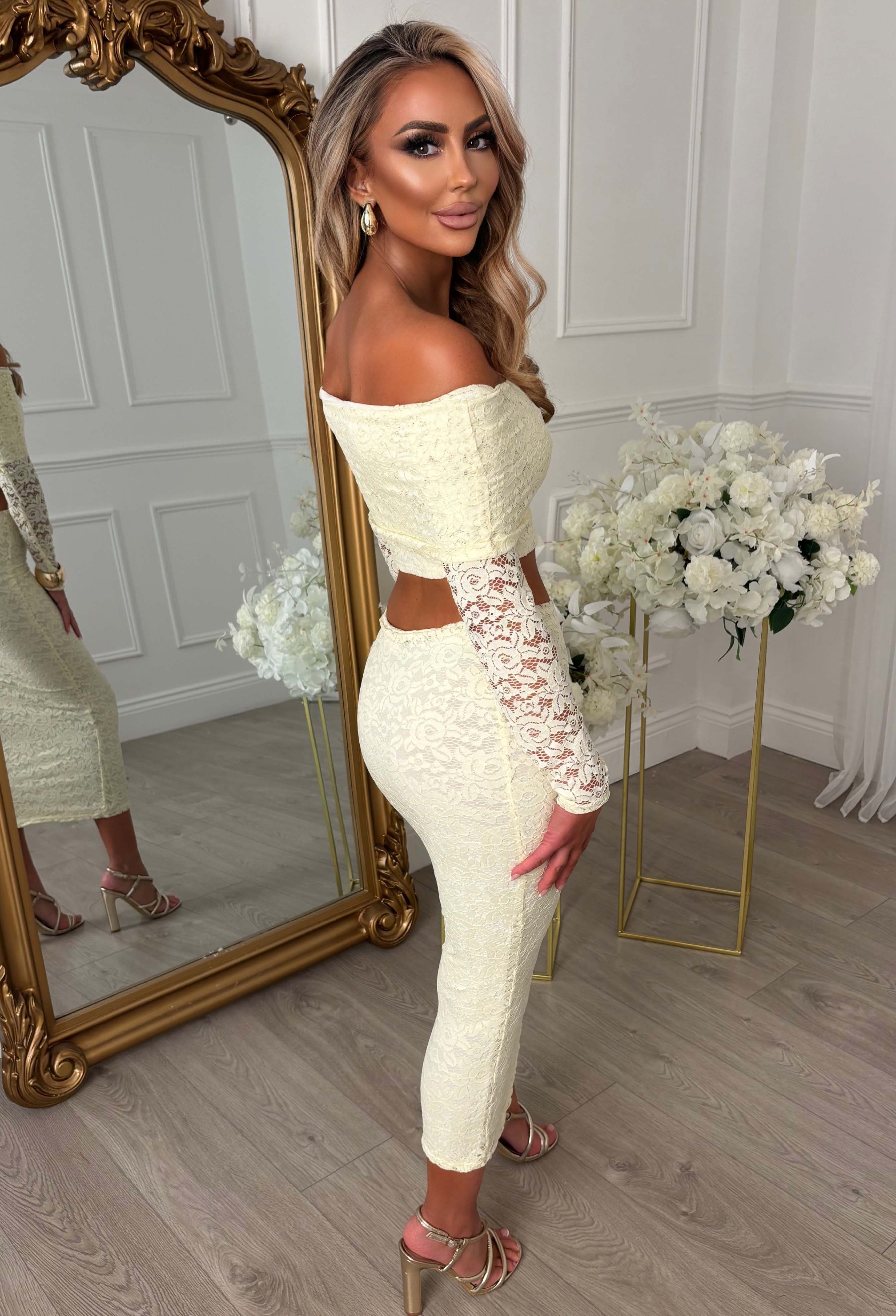Baecation Beauty Lemon Lace Bardot Top & Midi Skirt Co-Ord Set - Image 3