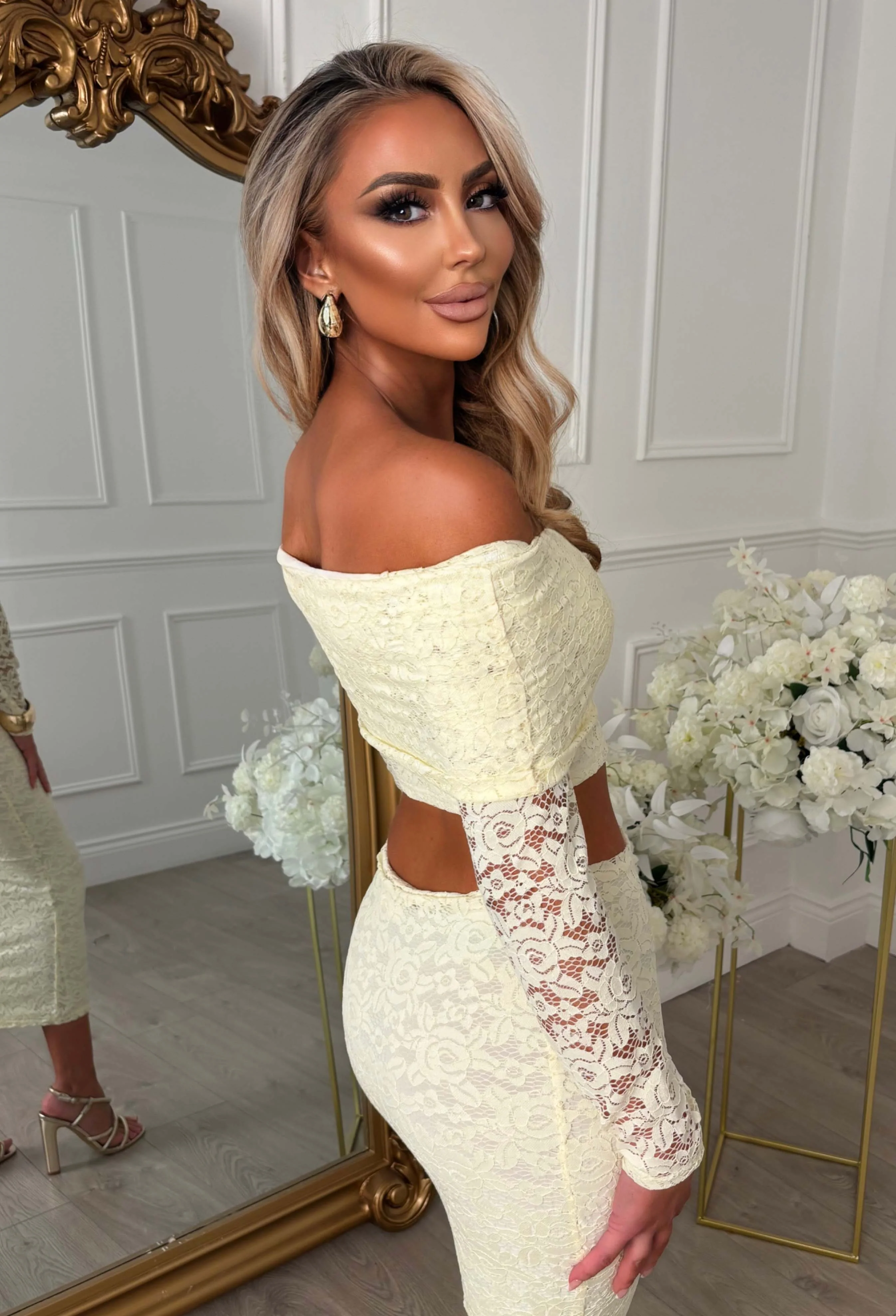Baecation Beauty Lemon Lace Bardot Top & Midi Skirt Co-Ord Set - Image 4