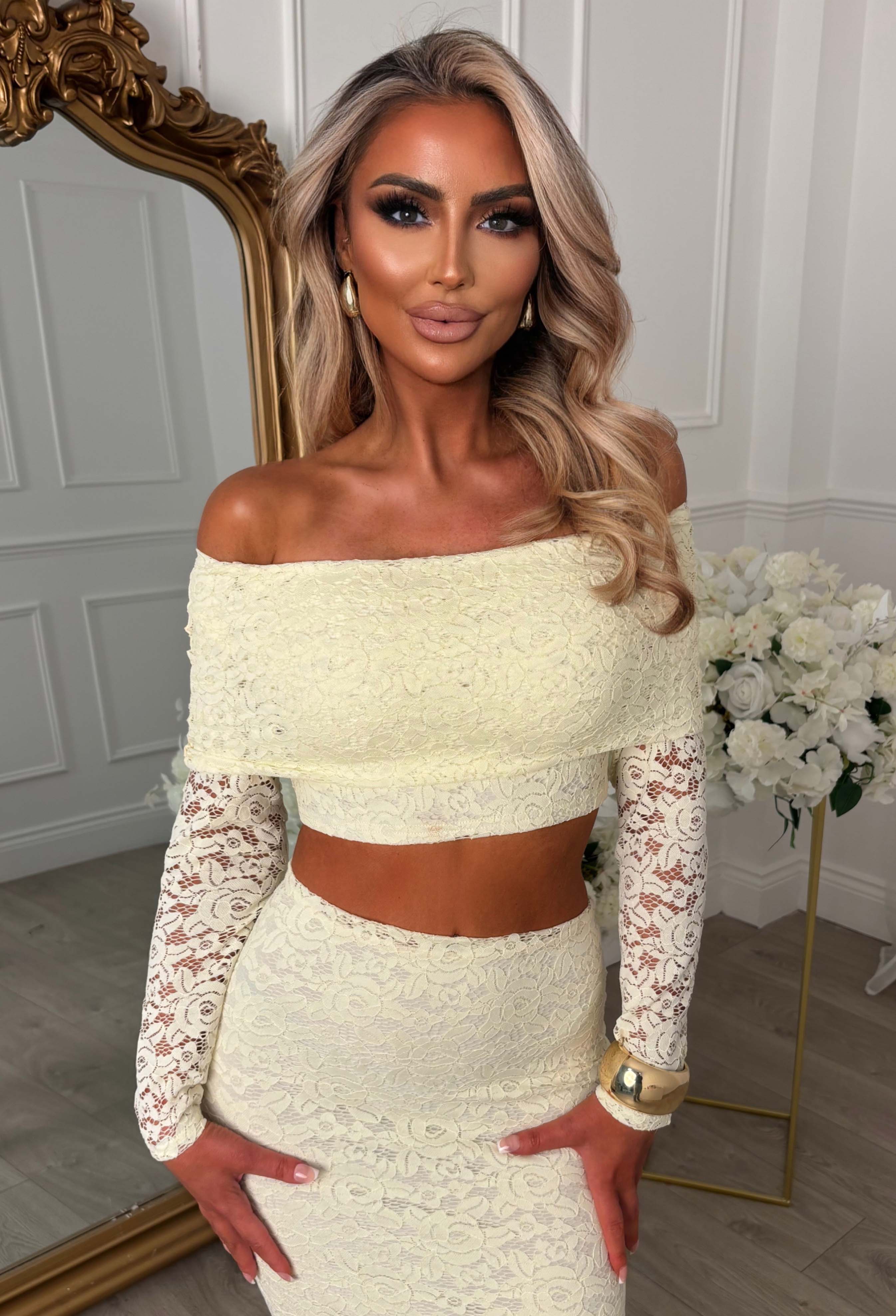 Baecation Beauty Lemon Lace Bardot Top & Midi Skirt Co-Ord Set - Image 5
