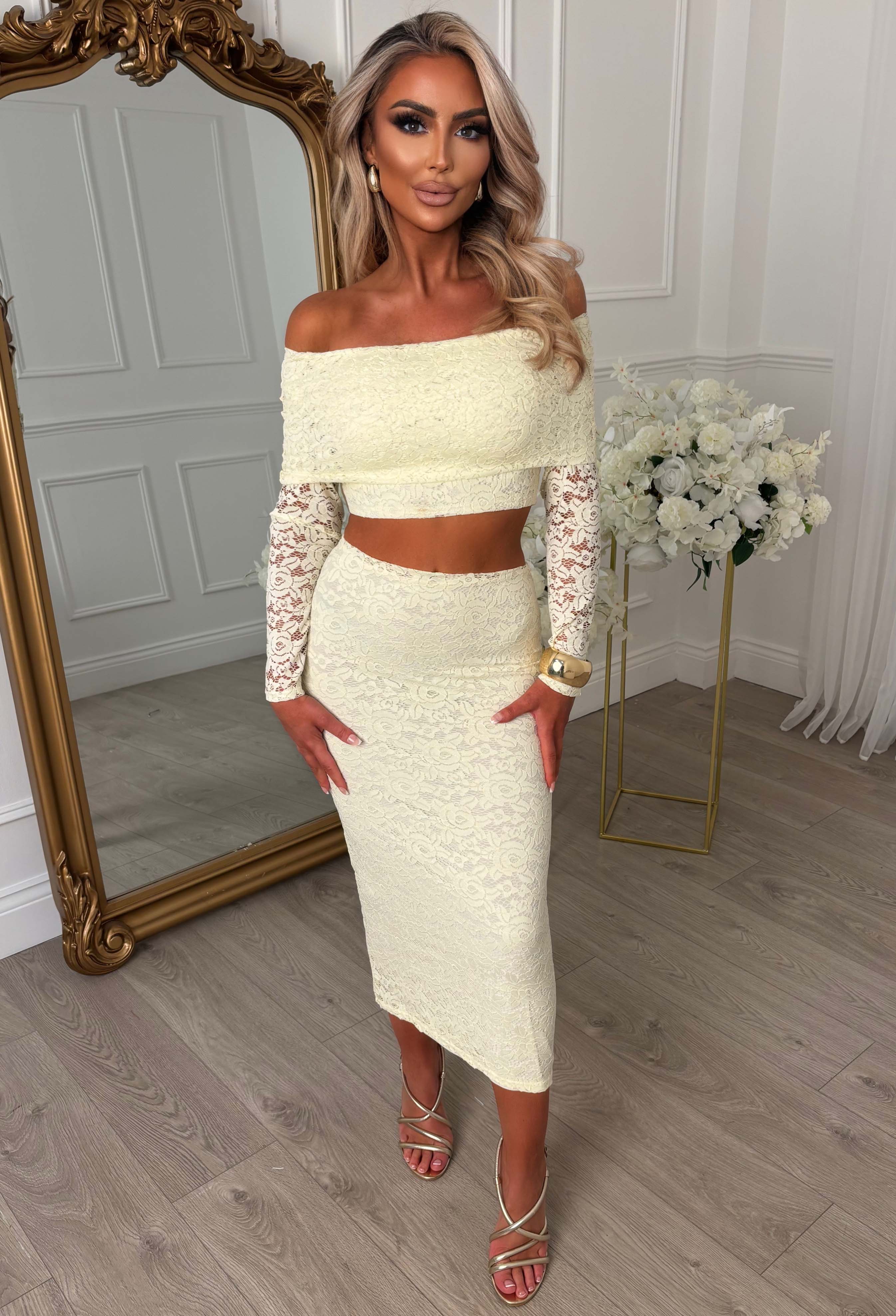 Baecation Beauty Lemon Lace Bardot Top & Midi Skirt Co-Ord Set - Image 6