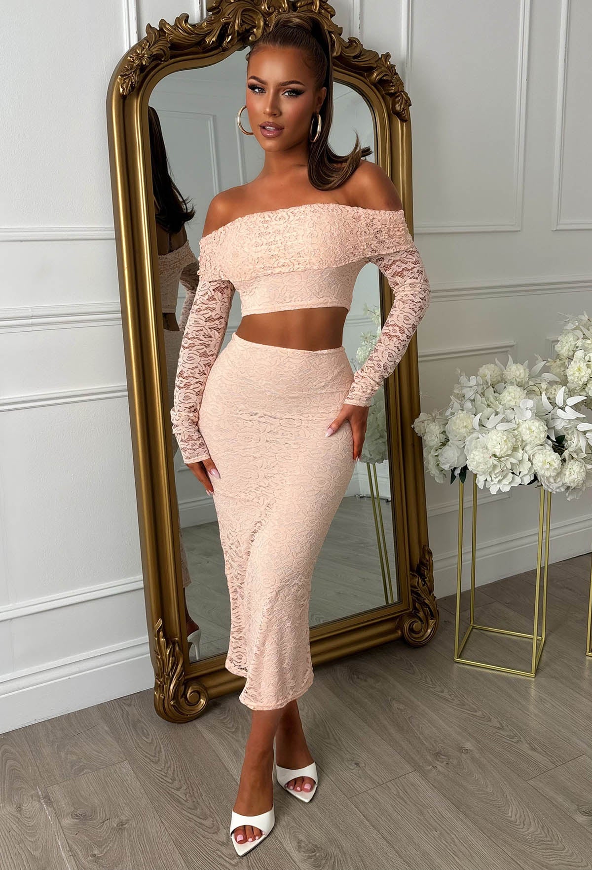 Baecation Beauty Light Pink Lace Bardot Top & Midi Skirt Co-Ord Set - Image 3