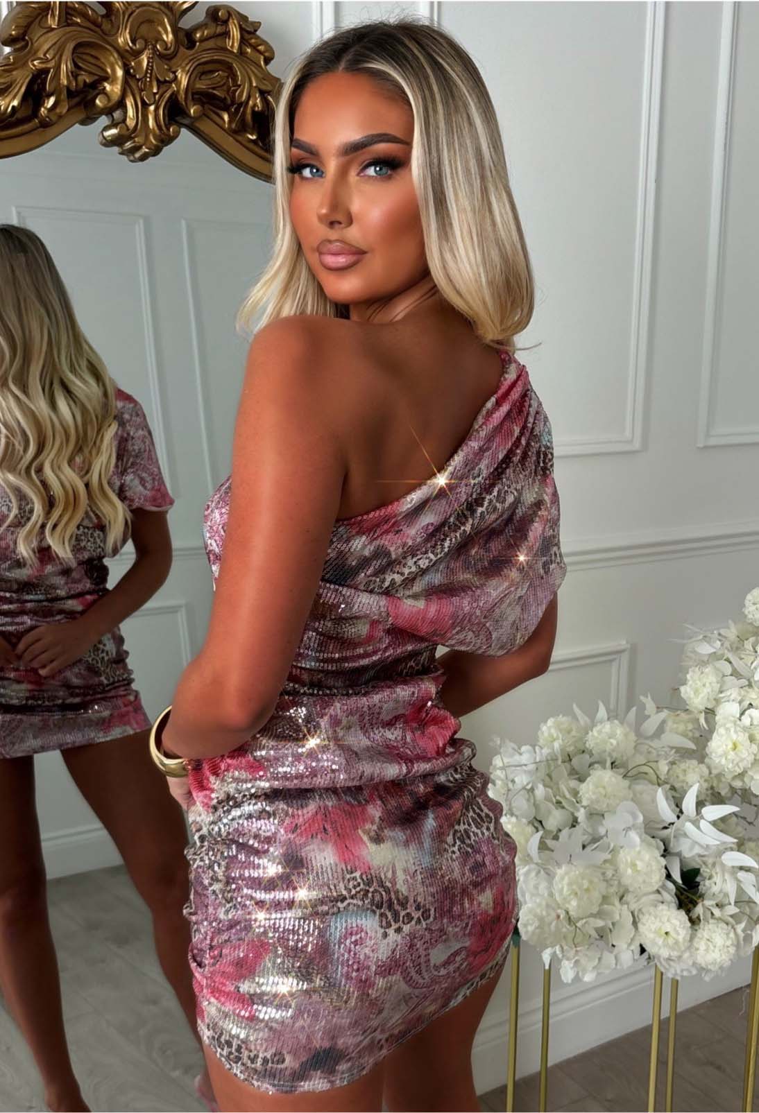 Bali Bella Multi Leopard Print Sequin One Shoulder Dress - Image 5