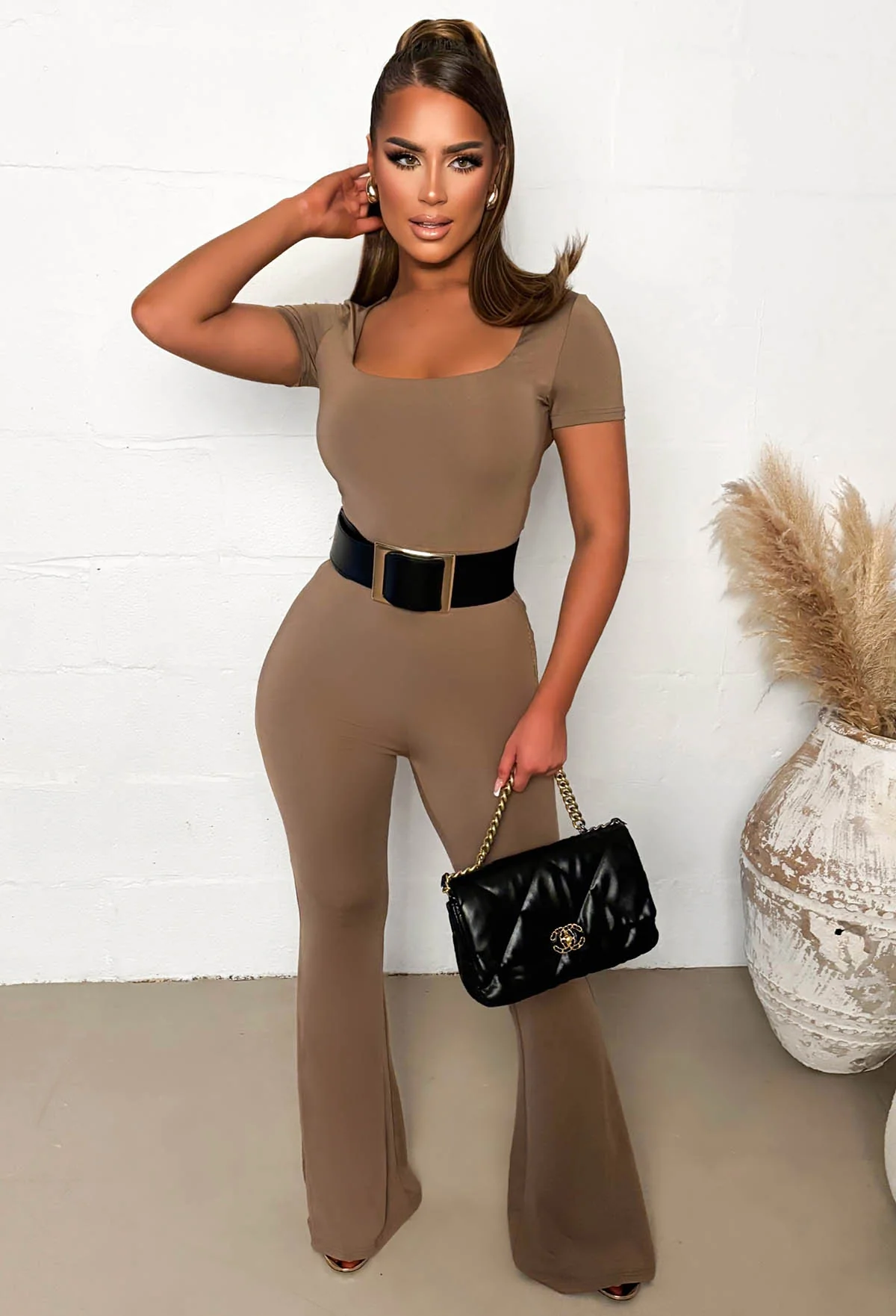 Bashful Babe Taupe Square Neck Flared Leg Jumpsuit - Image 3