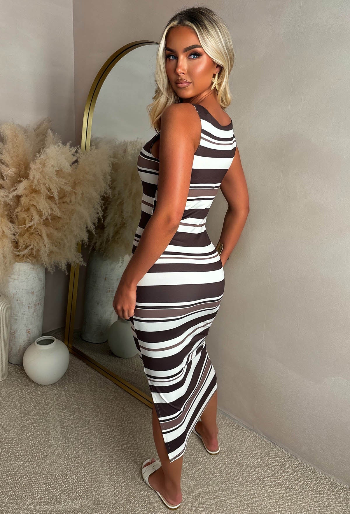 Basically Be There Brown Striped Sleeveless Basic Dress - Image 2
